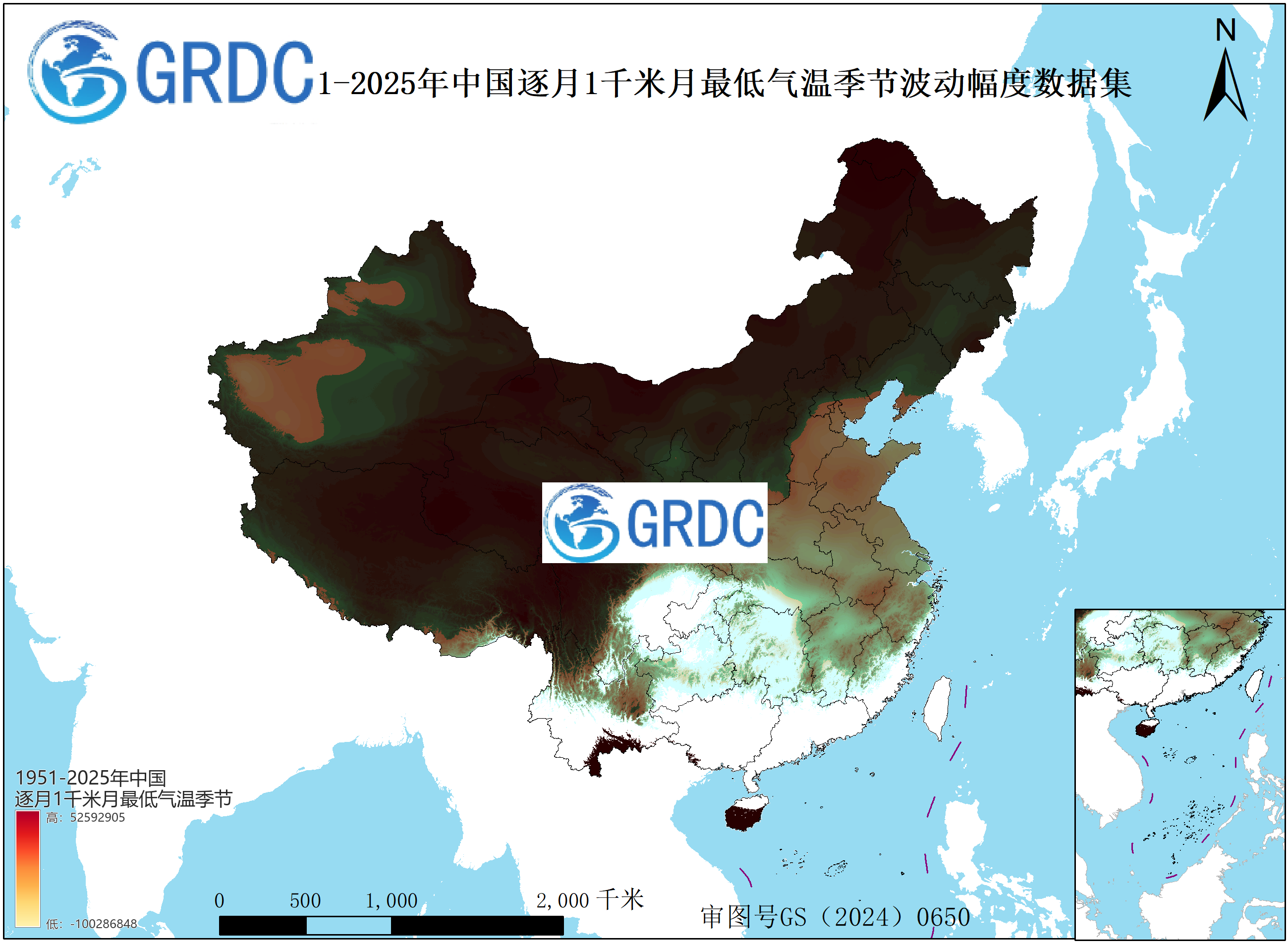 1951-2025年中国1km月最低气温月别常年季节波动幅度数据集