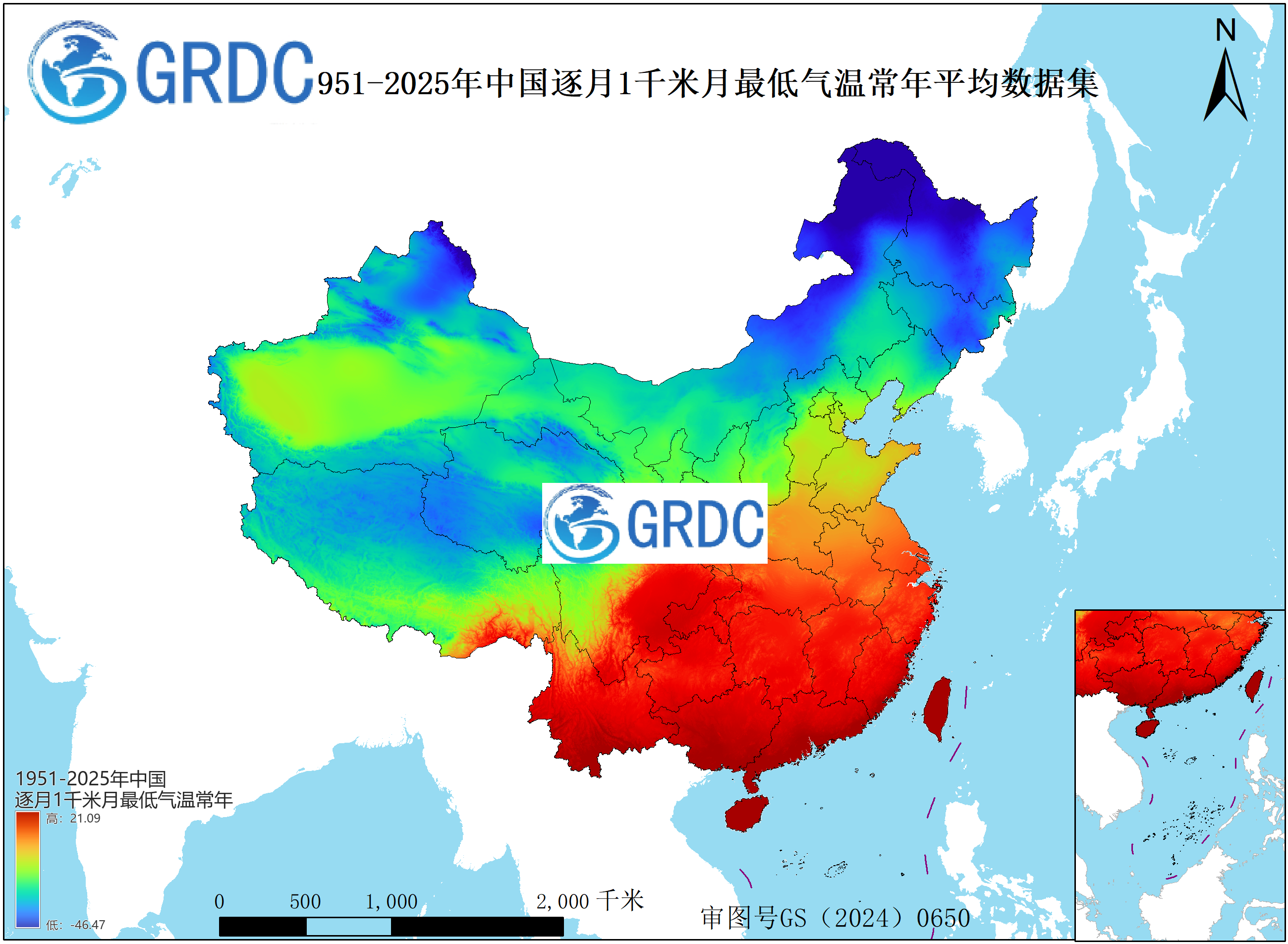 1951-2025年中国1km月最低气温月别常年平均数据集