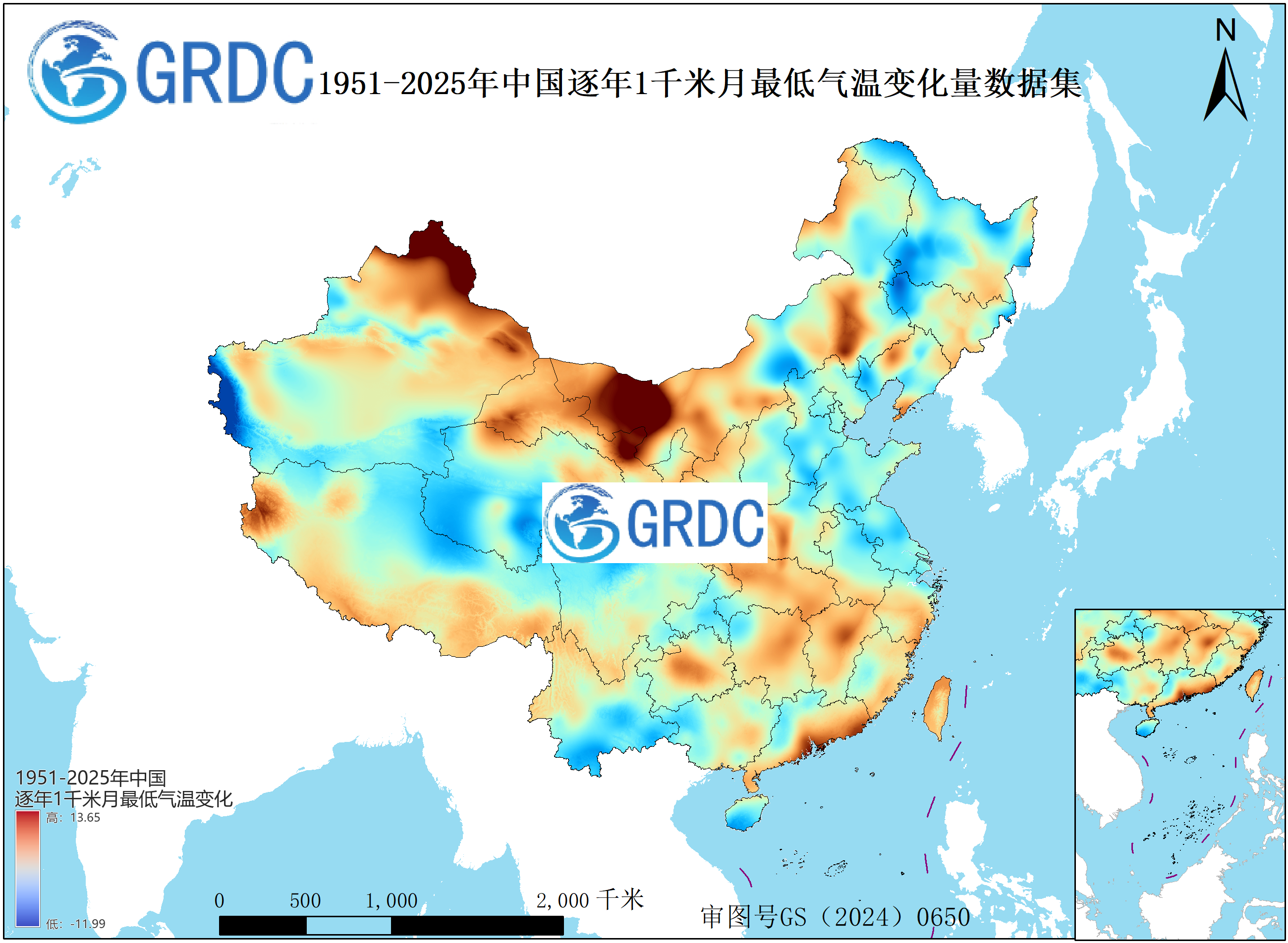 1951-2025年中国1km月最低气温逐年变化量数据集