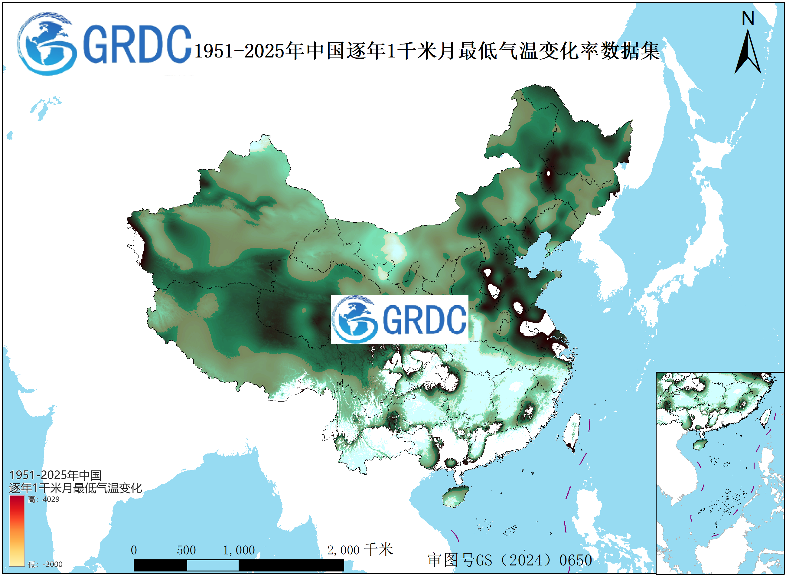 1951-2025年中国1km月最低气温逐年变化率数据集