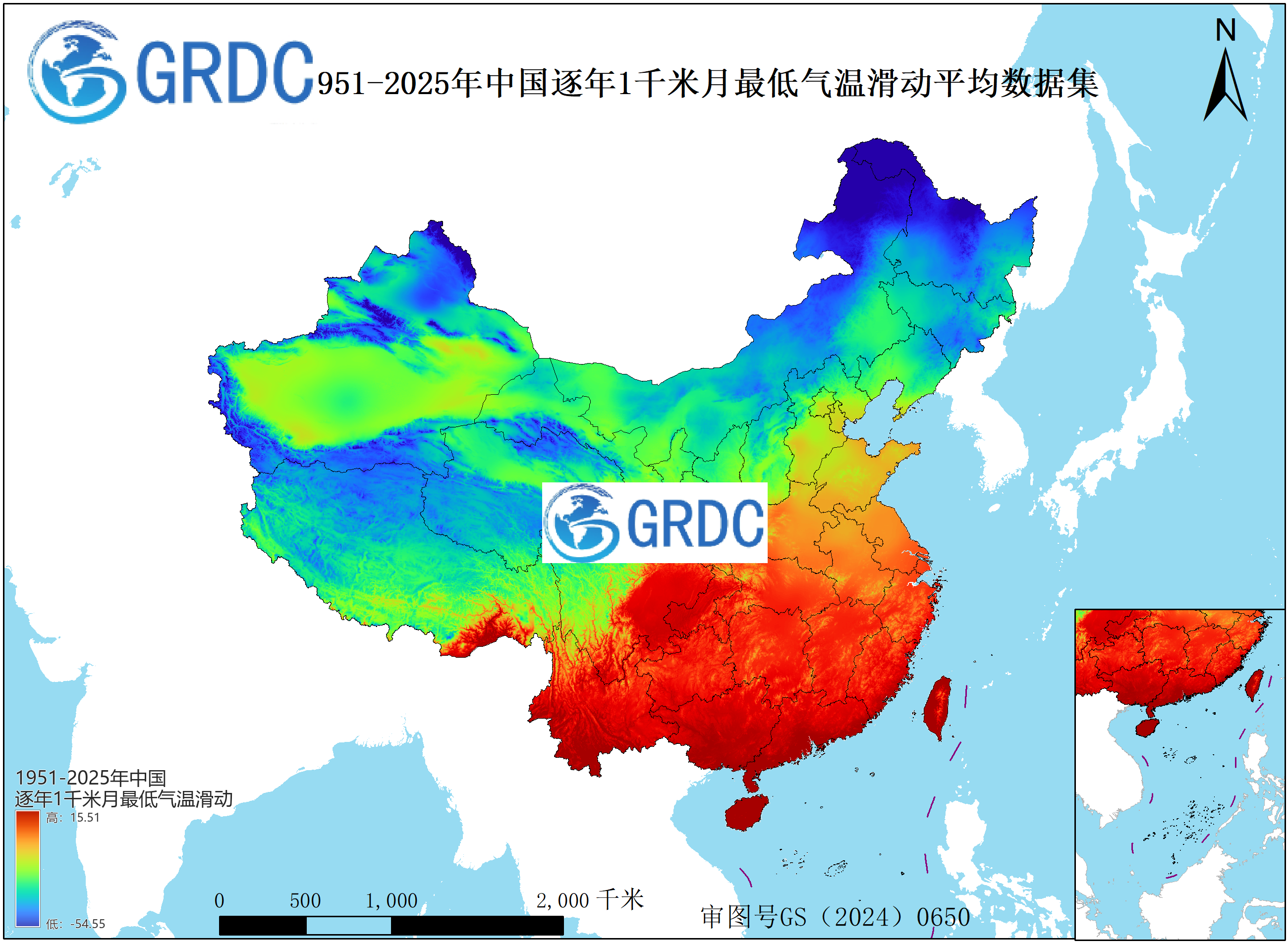 1951-2025年中国1km月最低气温逐年滑动平均数据集