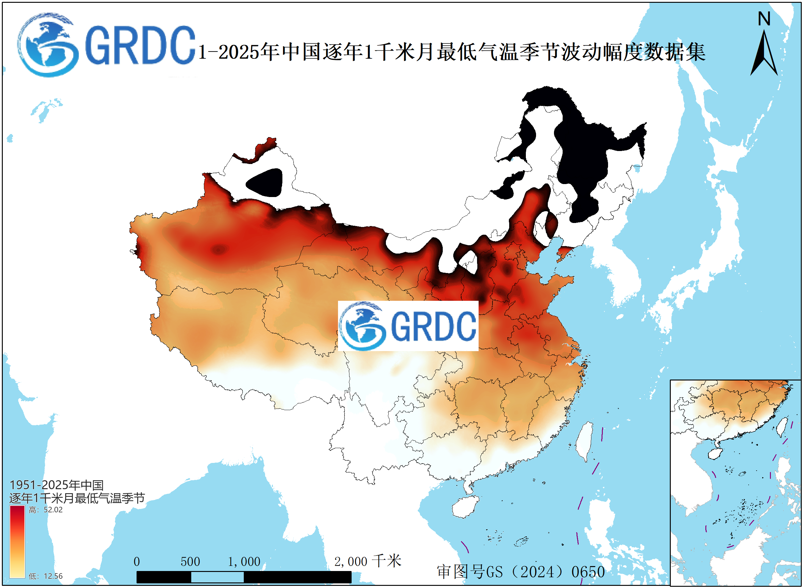 1951-2025年中国1km月最低气温逐年年内季节波动幅度数据集