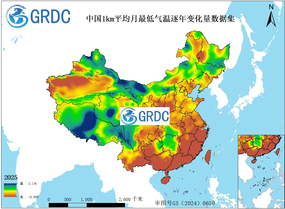 1951-2025年中国1km平均月最低气温逐年变化量数据集