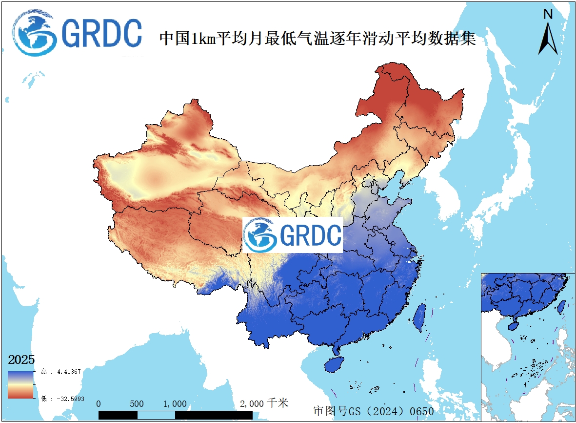 1951-2025年中国1km平均月最低气温逐年滑动平均数据集