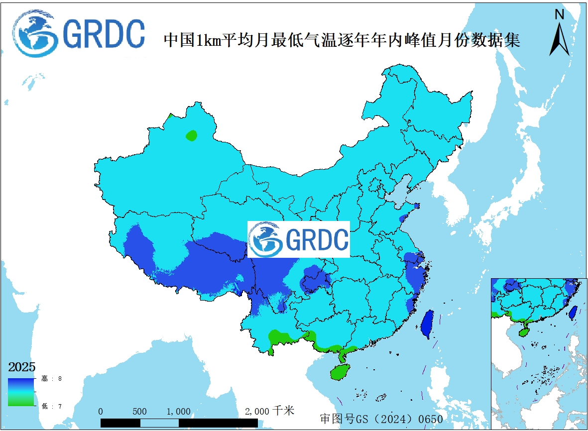 1951-2025年中国1km平均月最低气温逐年年内峰值月份数据集