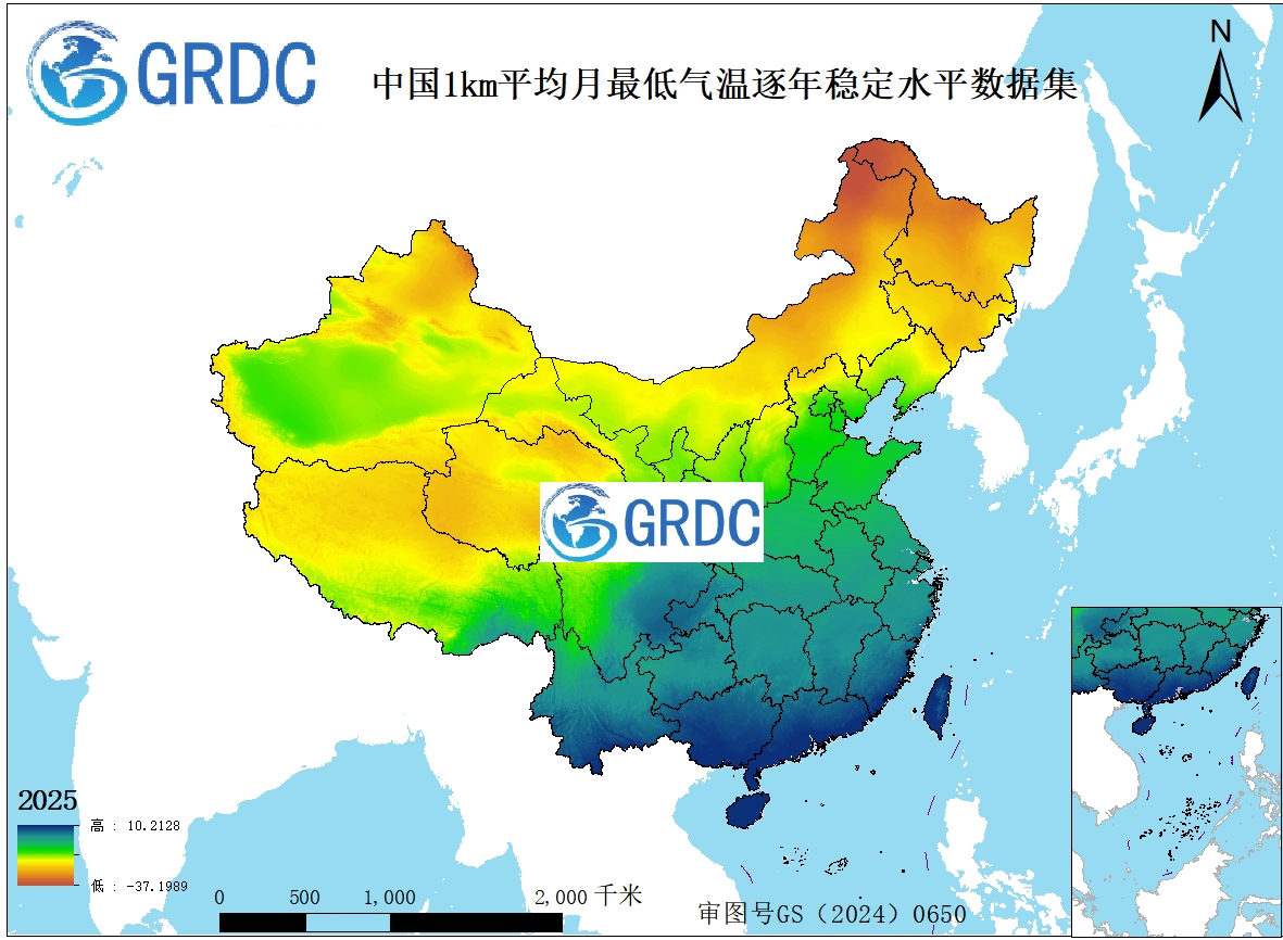 1951-2025年中国1km平均月最低气温逐年稳定水平数据集
