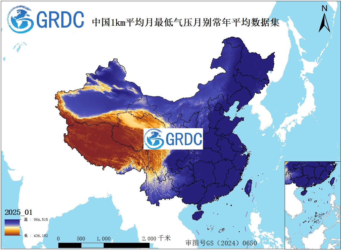 1951-2025年中国1km平均月最低气压月别常年平均数据集