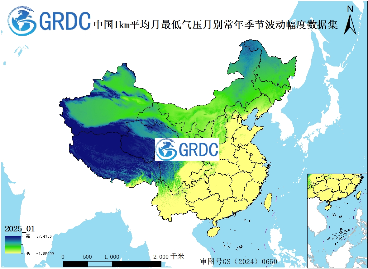 1951-2025年中国1km平均月最低气压月别常年季节波动幅度数据集