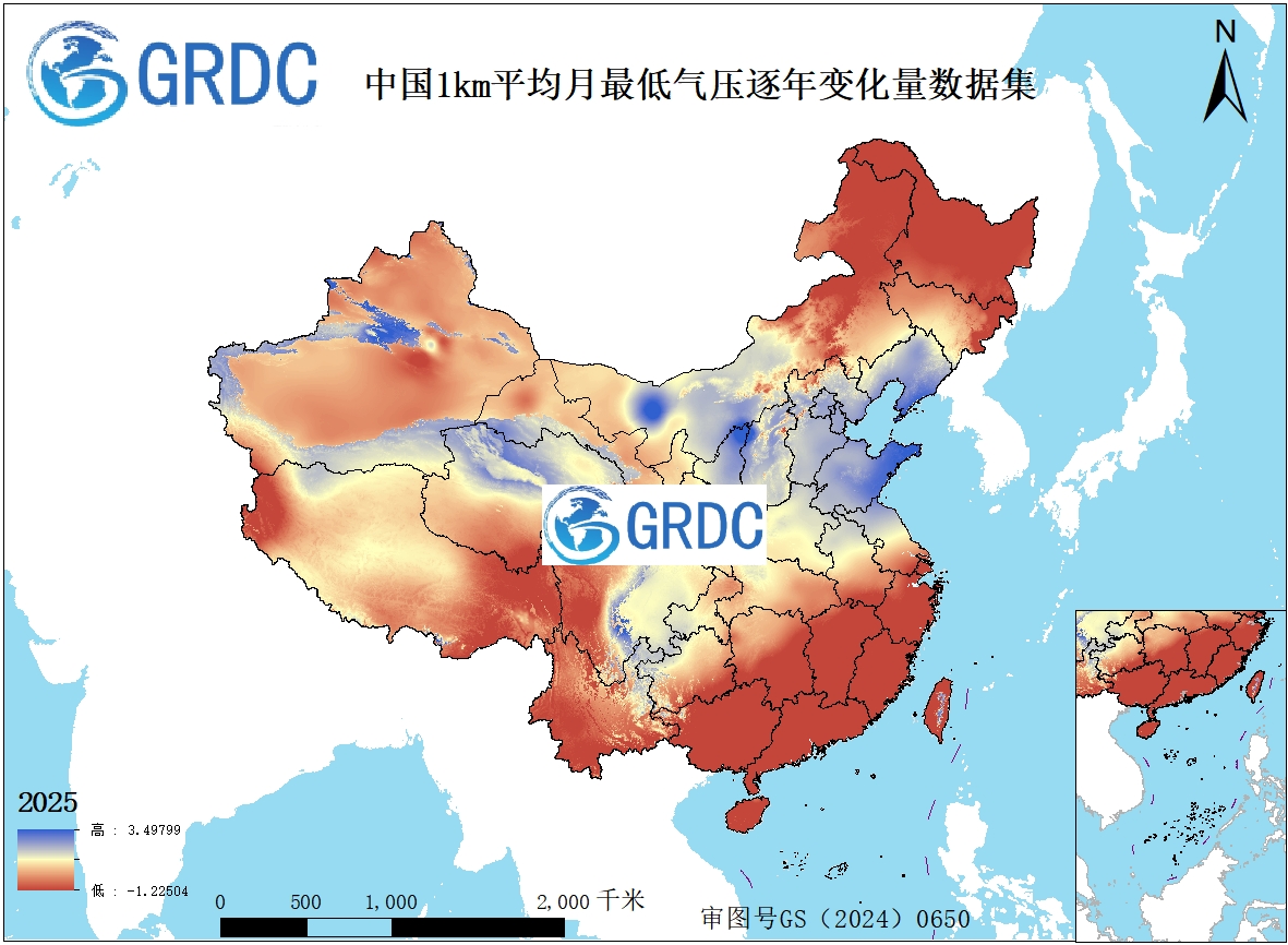 1951-2025年中国1km平均月最低气压逐年变化量数据集