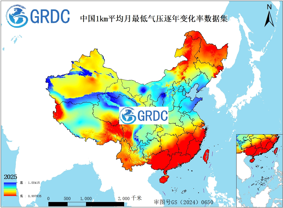 1951-2025年中国1km平均月最低气压逐年变化率数据集