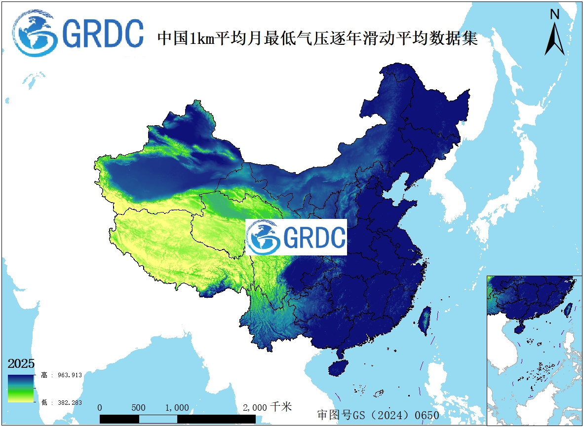 1951-2025年中国1km平均月最低气压逐年滑动平均数据集