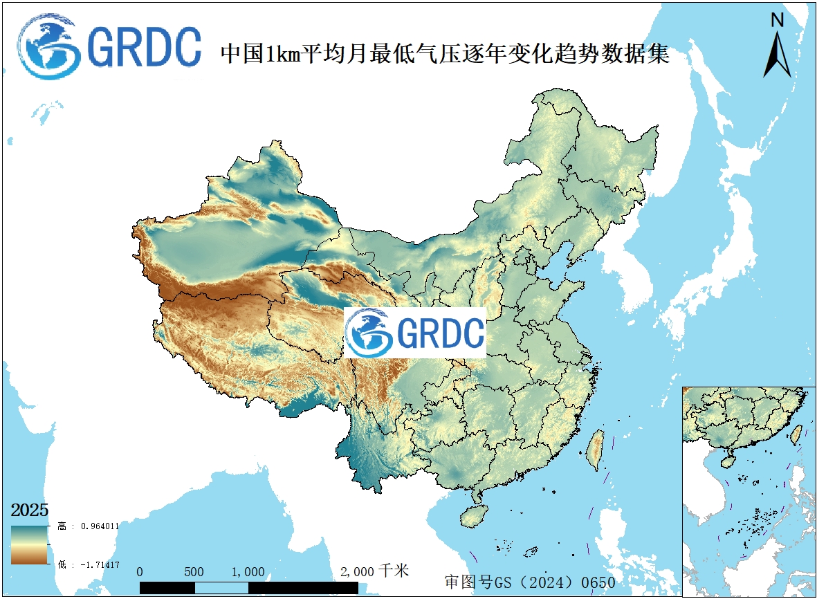 1951-2025年中国1km平均月最低气压逐年变化趋势数据集