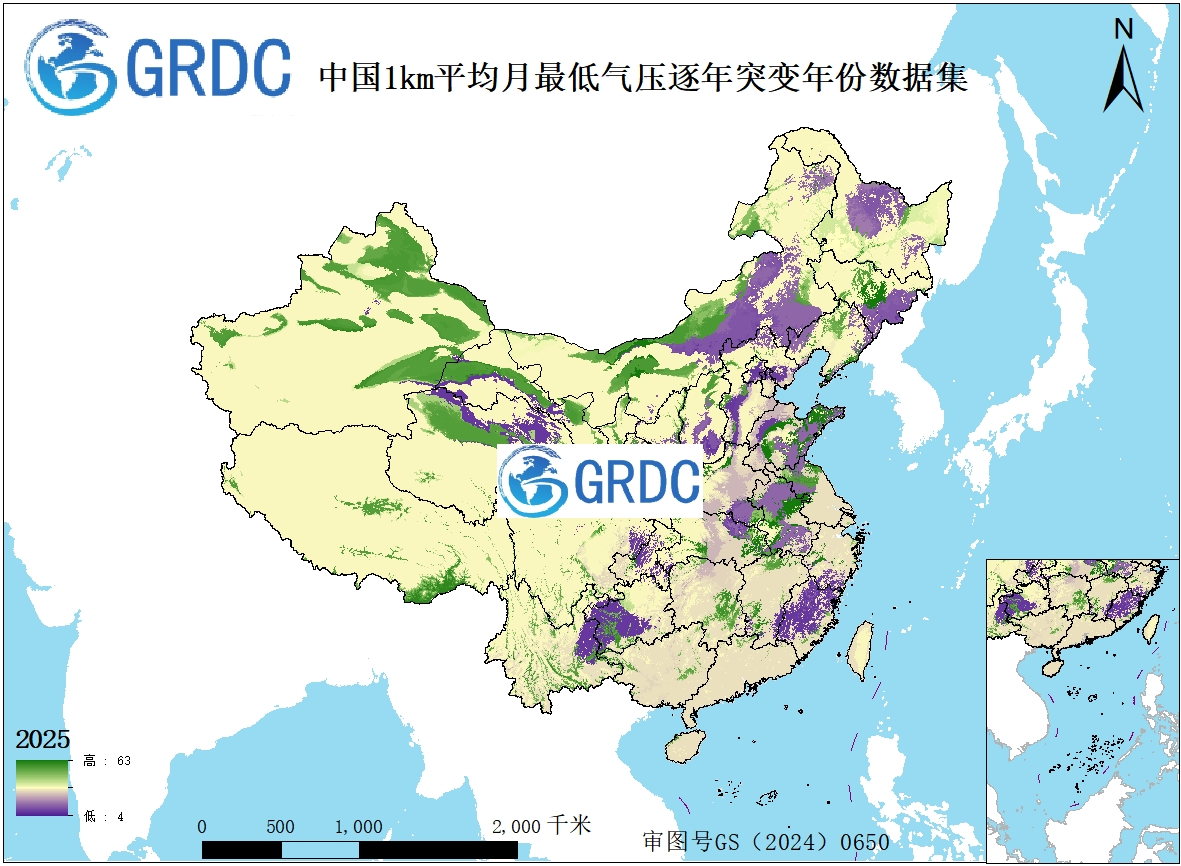 1951-2025年中国1km平均月最低气压逐年突变年份数据集