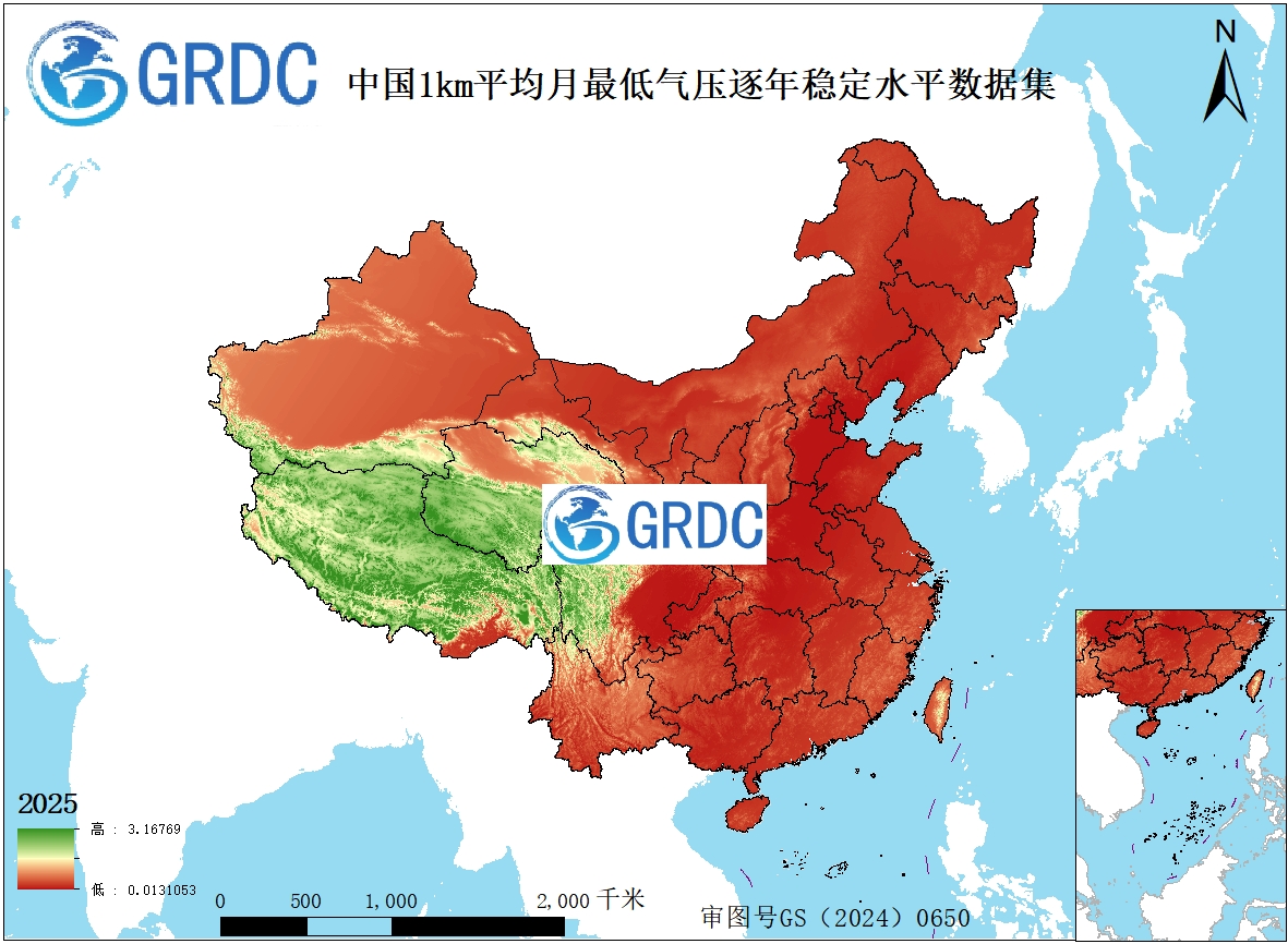 1951-2025年中国1km平均月最低气压逐年稳定水平数据集