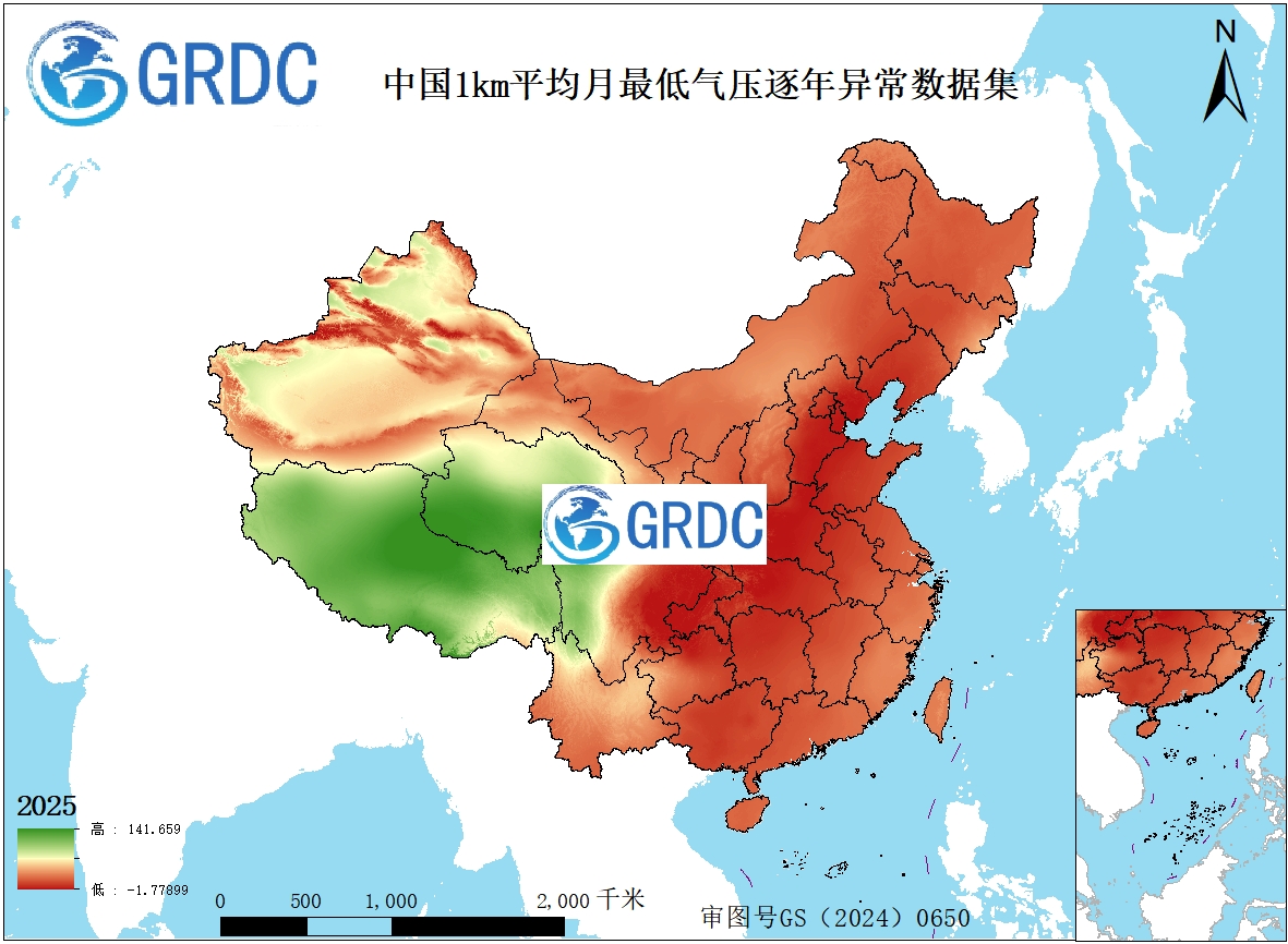 1951-2025年中国1km平均月最低气压逐年异常数据集