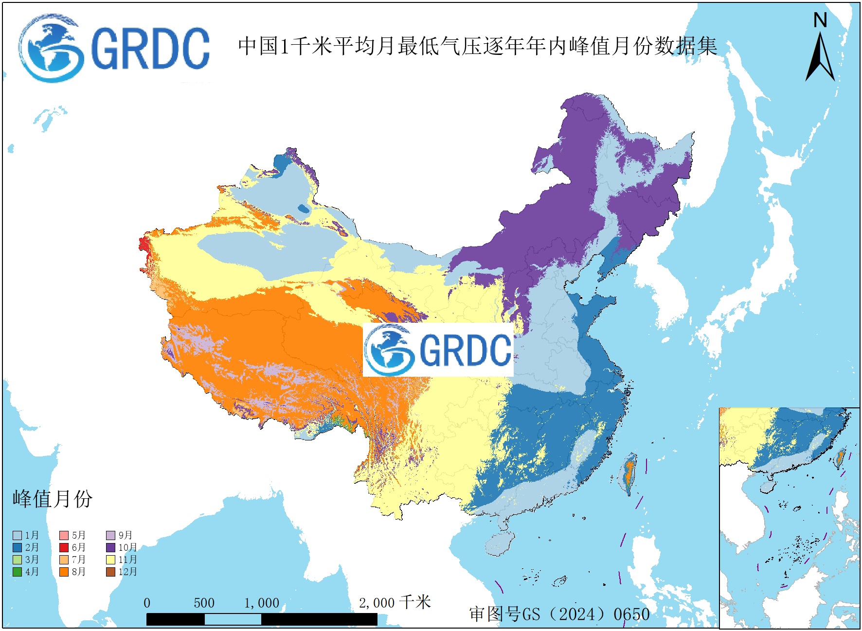 1951-2025年中国1km平均月最低气压逐年年内峰值月份数据集