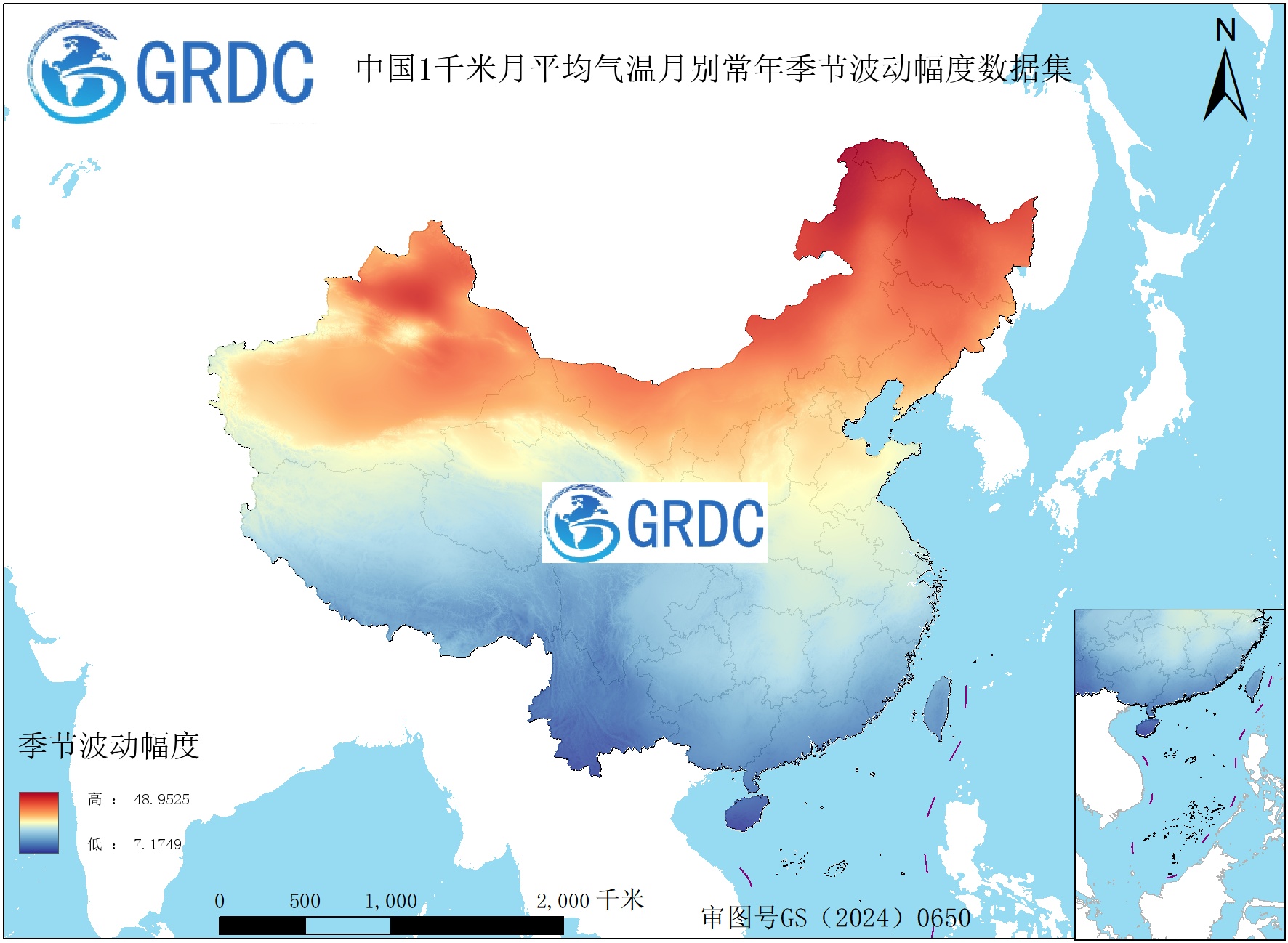 1951-2025年中国1km月平均气温月别常年季节波动幅度数据集