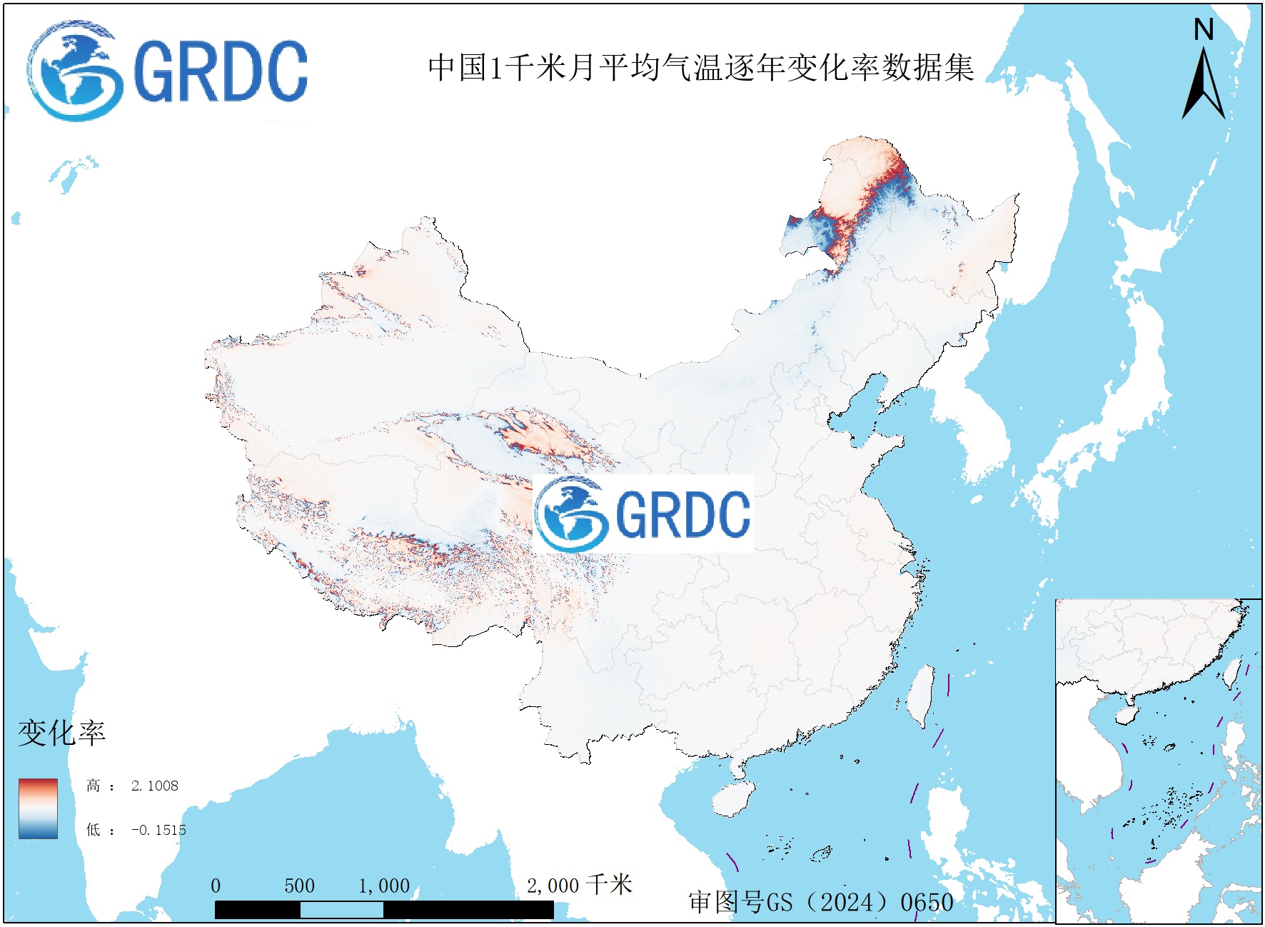 1951-2025年中国1km月平均气温逐年变化率数据集