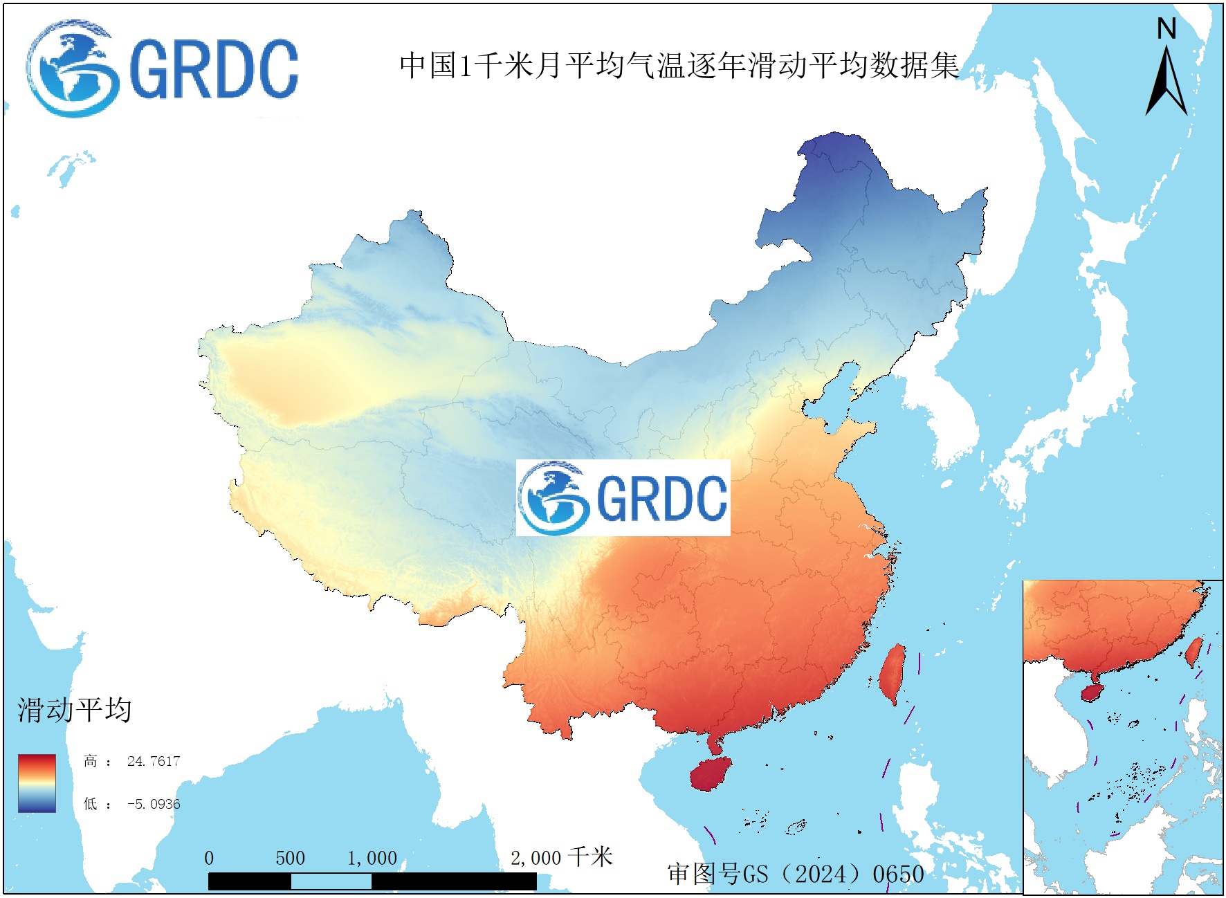 1951-2025年中国1km月平均气温逐年滑动平均数据集