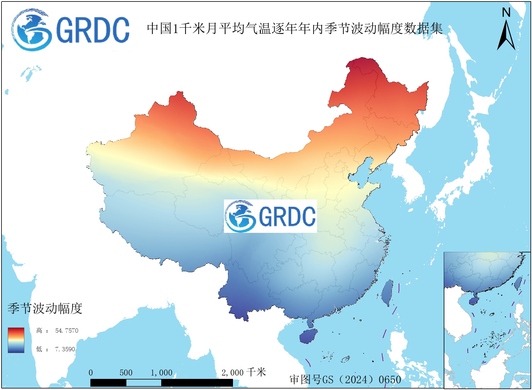 1951-2025年中国1km月平均气温逐年年内季节波动幅度数据集