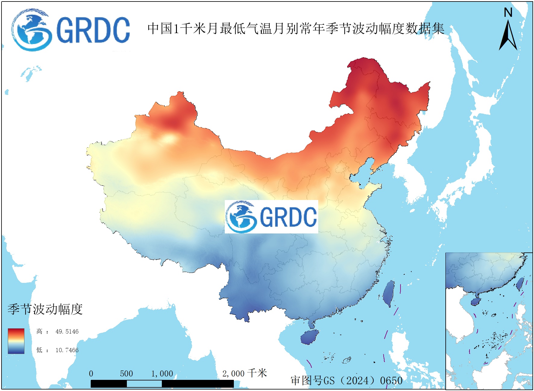1951-2025年中国1km月最低气温月别常年季节波动幅度数据集