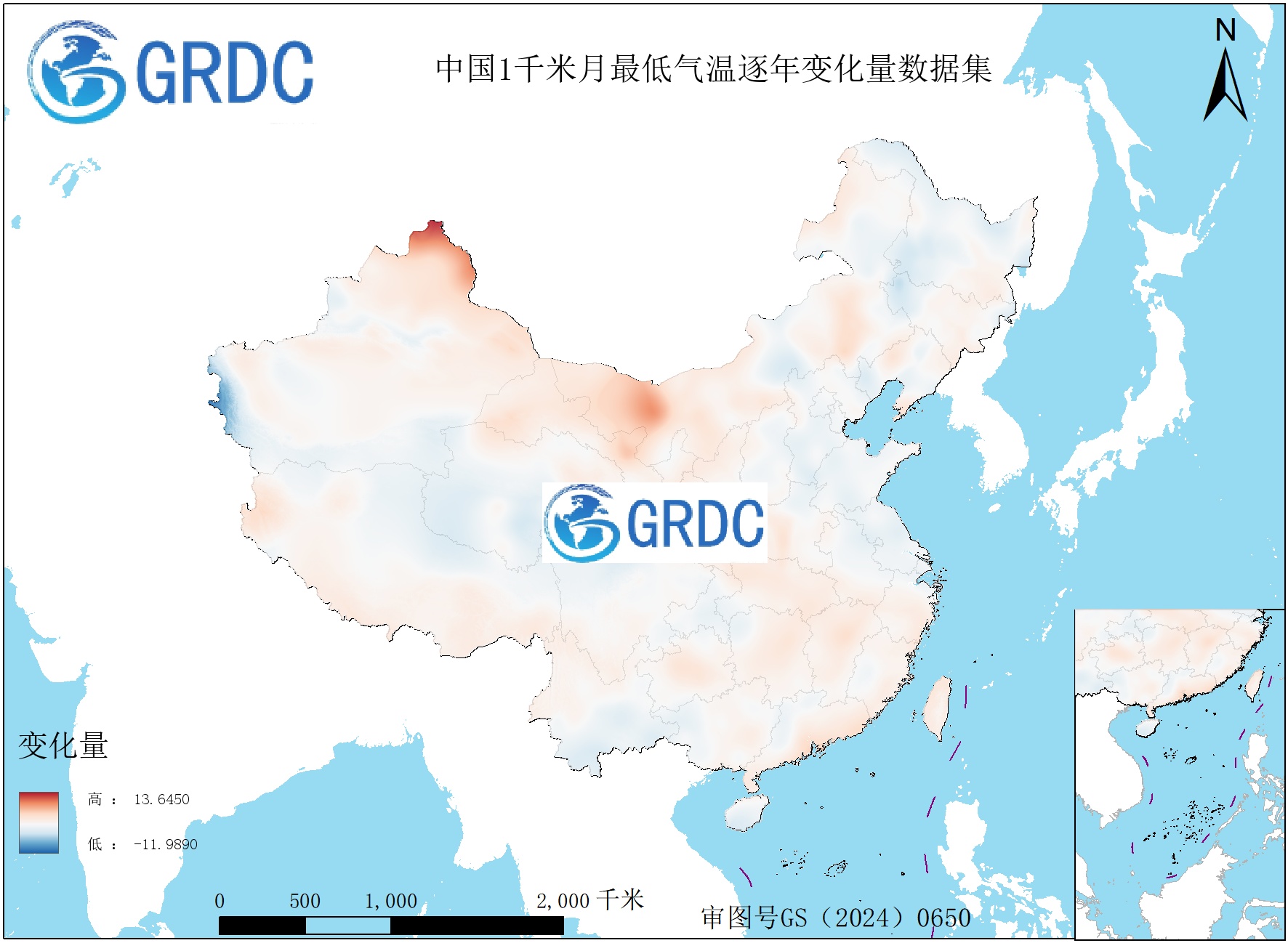 1951-2025年中国1km月最低气温逐年变化量数据集
