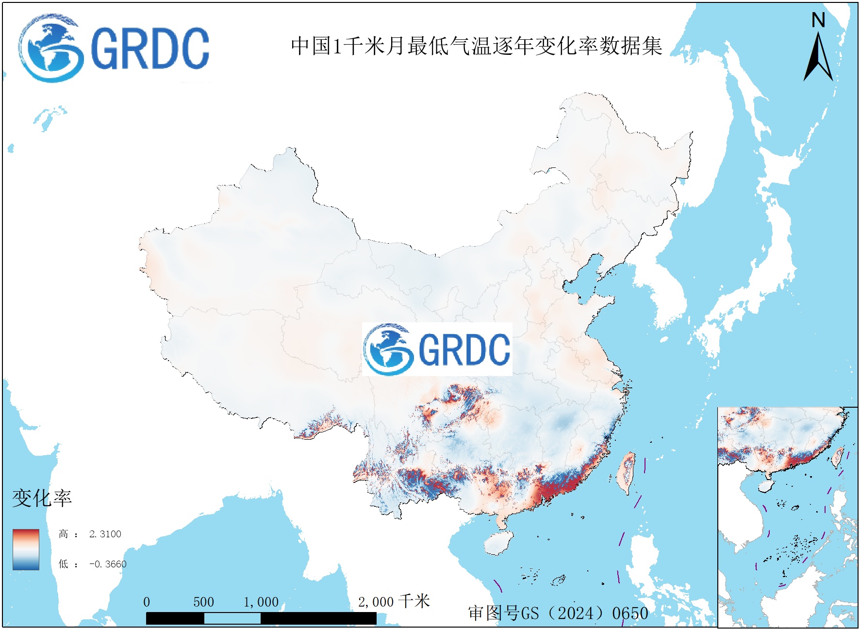 1951-2025年中国1km月最低气温逐年变化率数据集