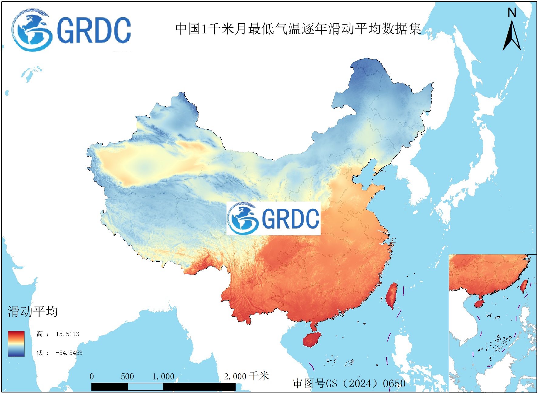 1951-2025年中国1km月最低气温逐年滑动平均数据集