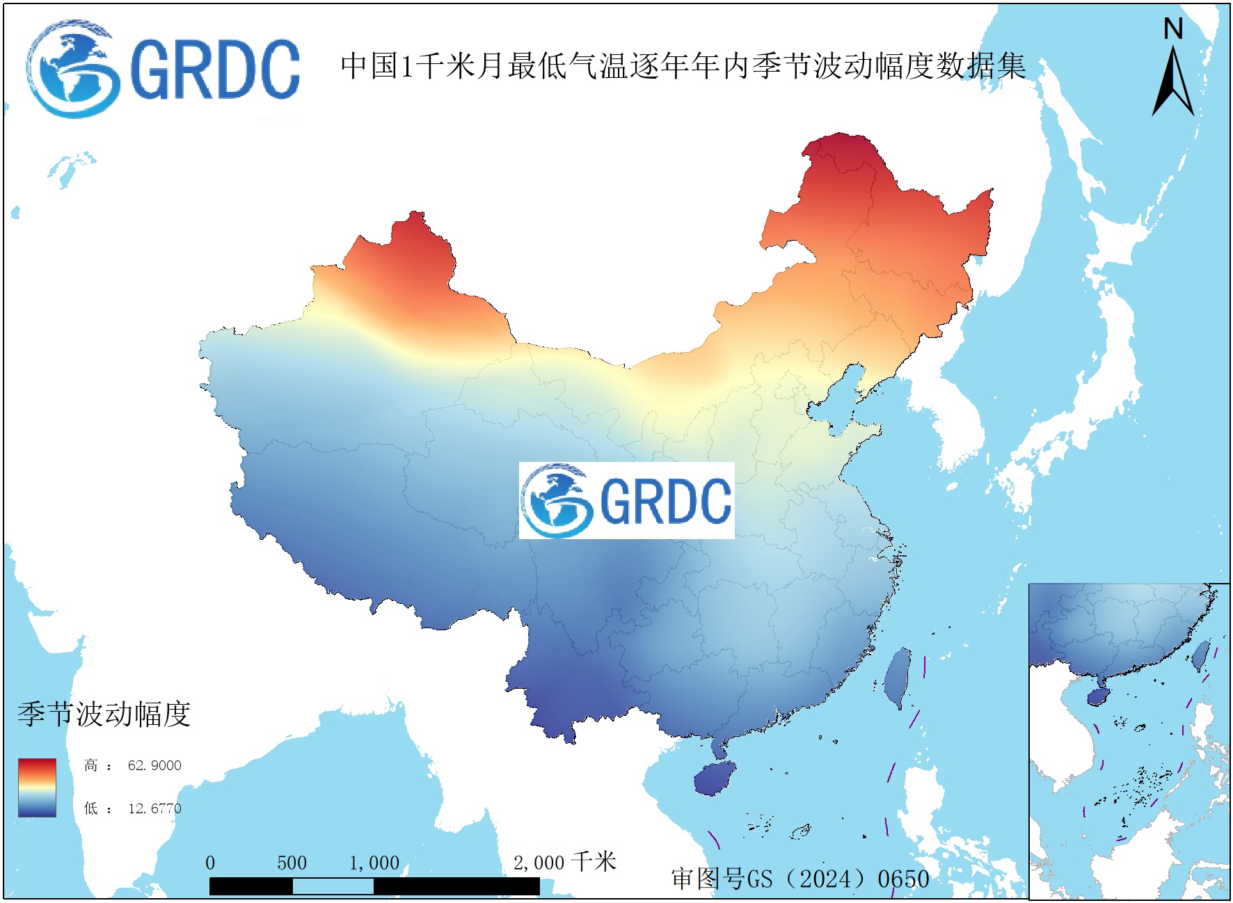 1951-2025年中国1km月最低气温逐年年内季节波动幅度数据集