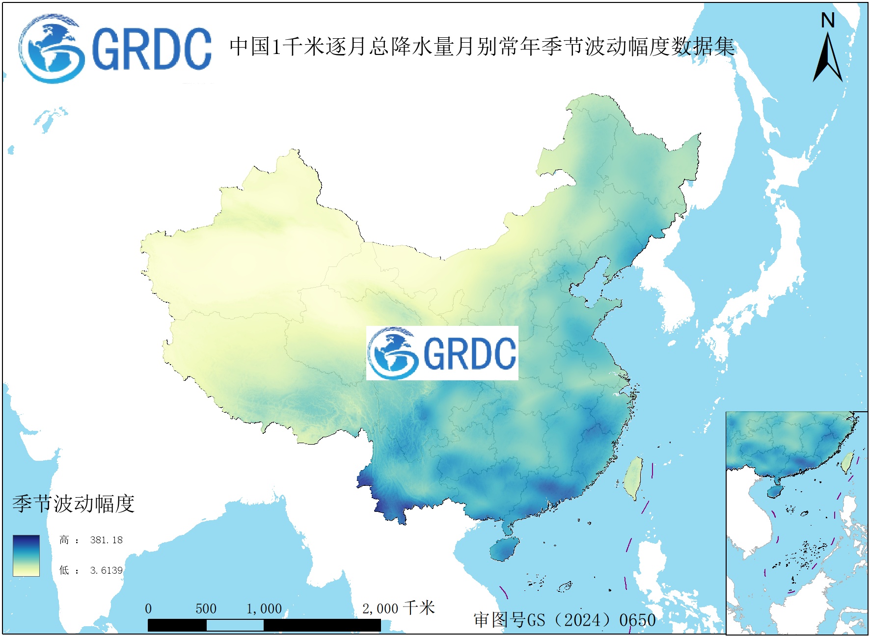 1951-2025年中国1km总降水量月别常年季节波动幅度数据集