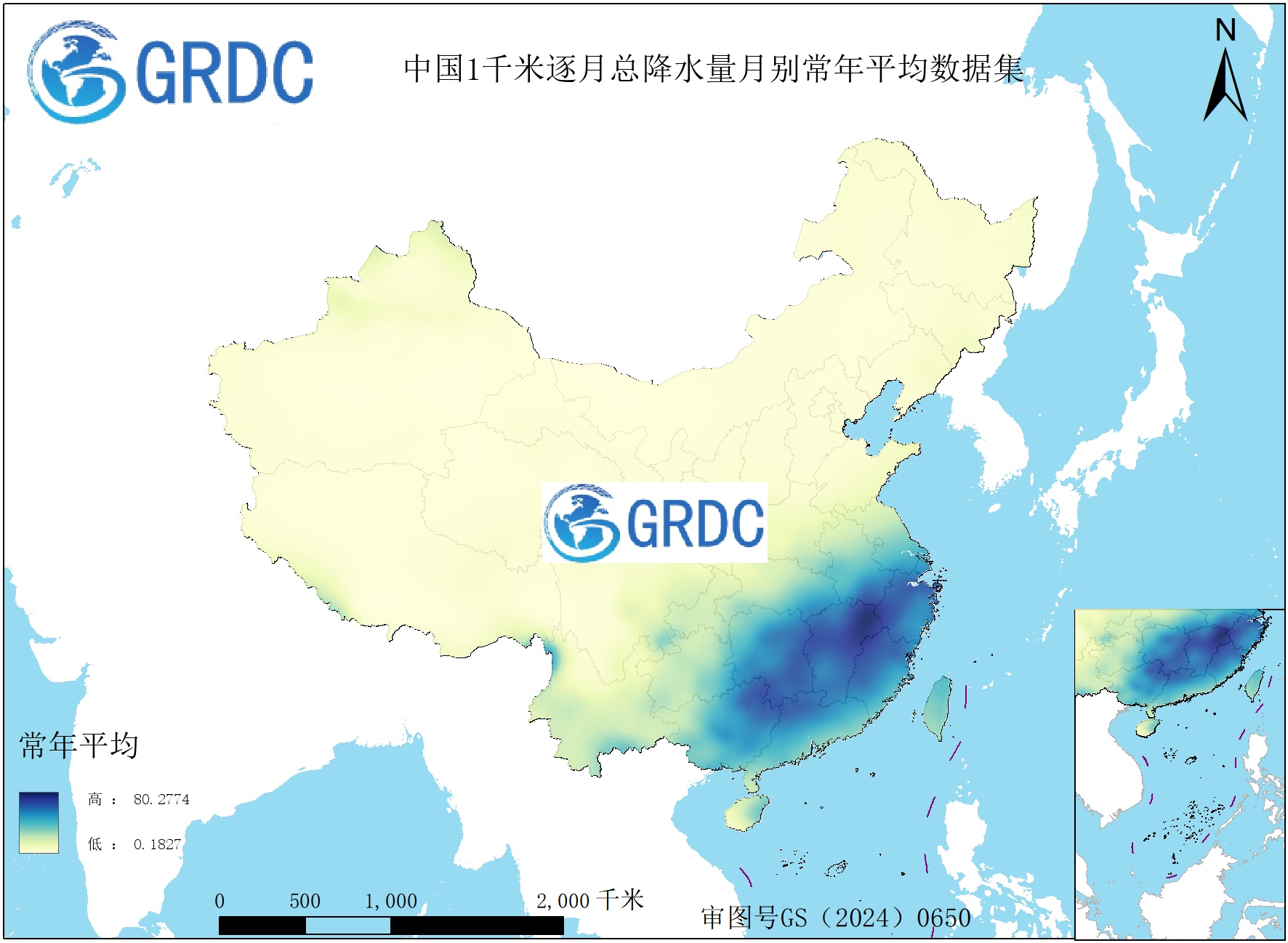 1951-2025年中国1km总降水量月别常年平均数据集