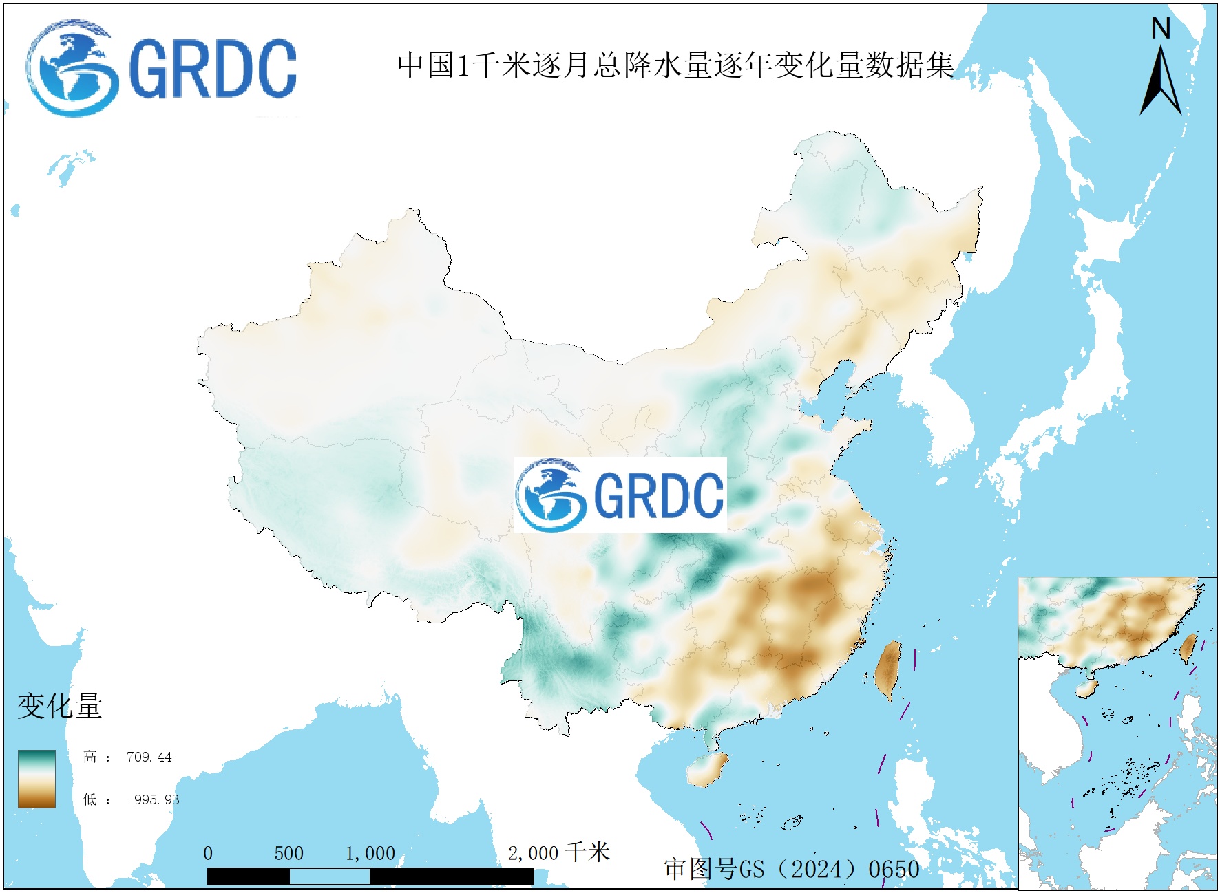 1951-2025年中国1km总降水量逐年变化量数据集