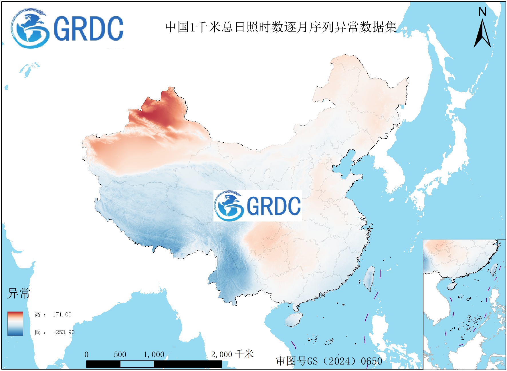 1951-2025年中国1千米总日照时数逐月序列异常数据集