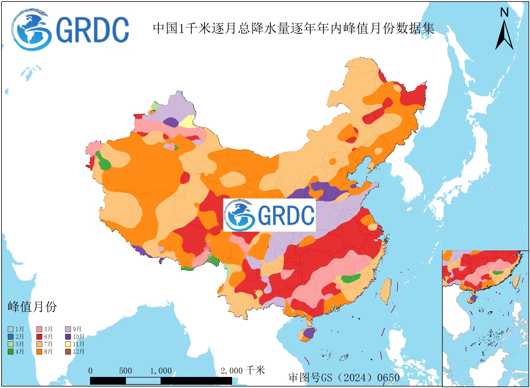 1951-2025年中国1km总降水量逐年年内峰值月份数据集