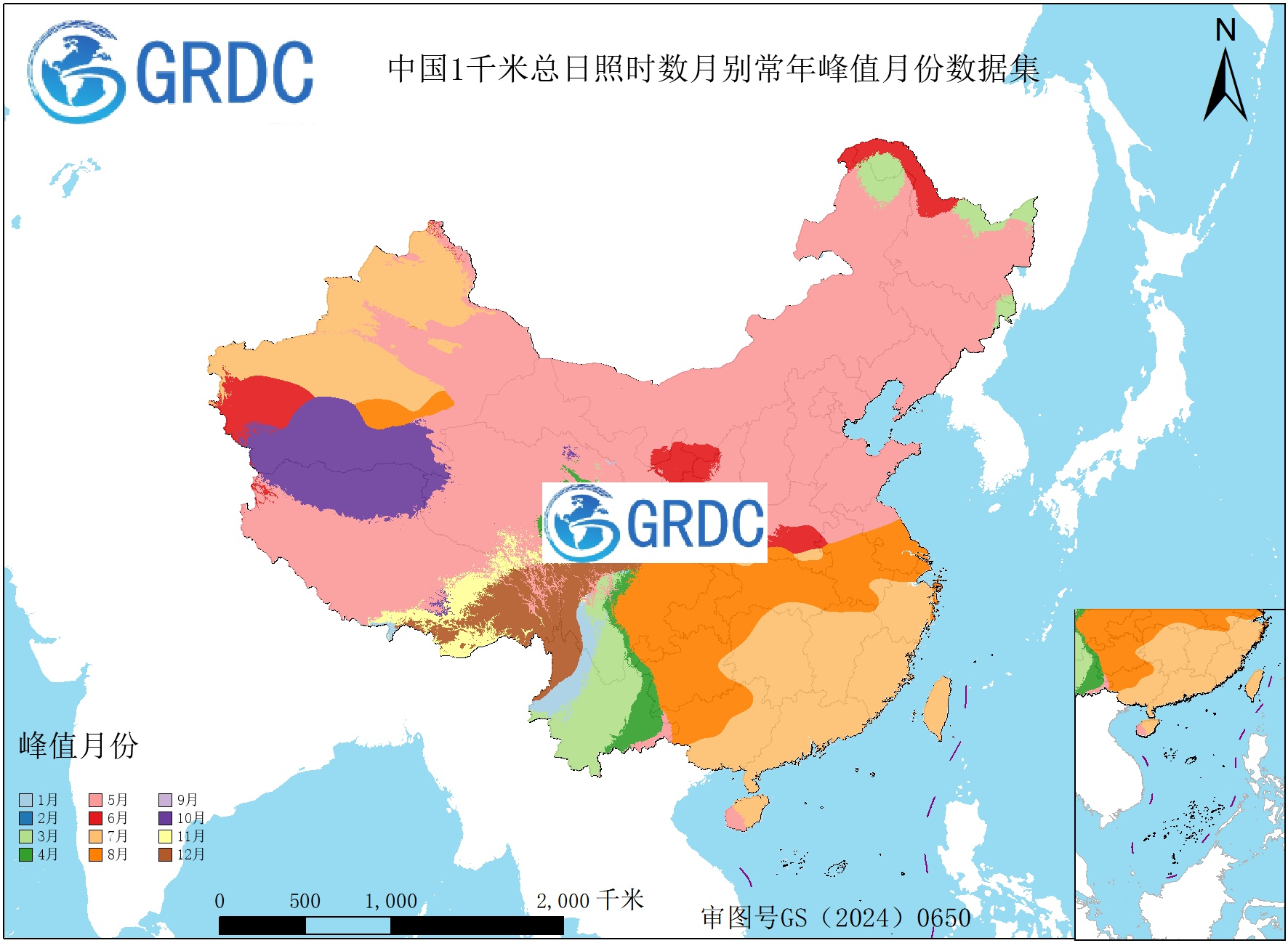 1951-2025年中国1km总日照时数月别常年峰值月份数据集