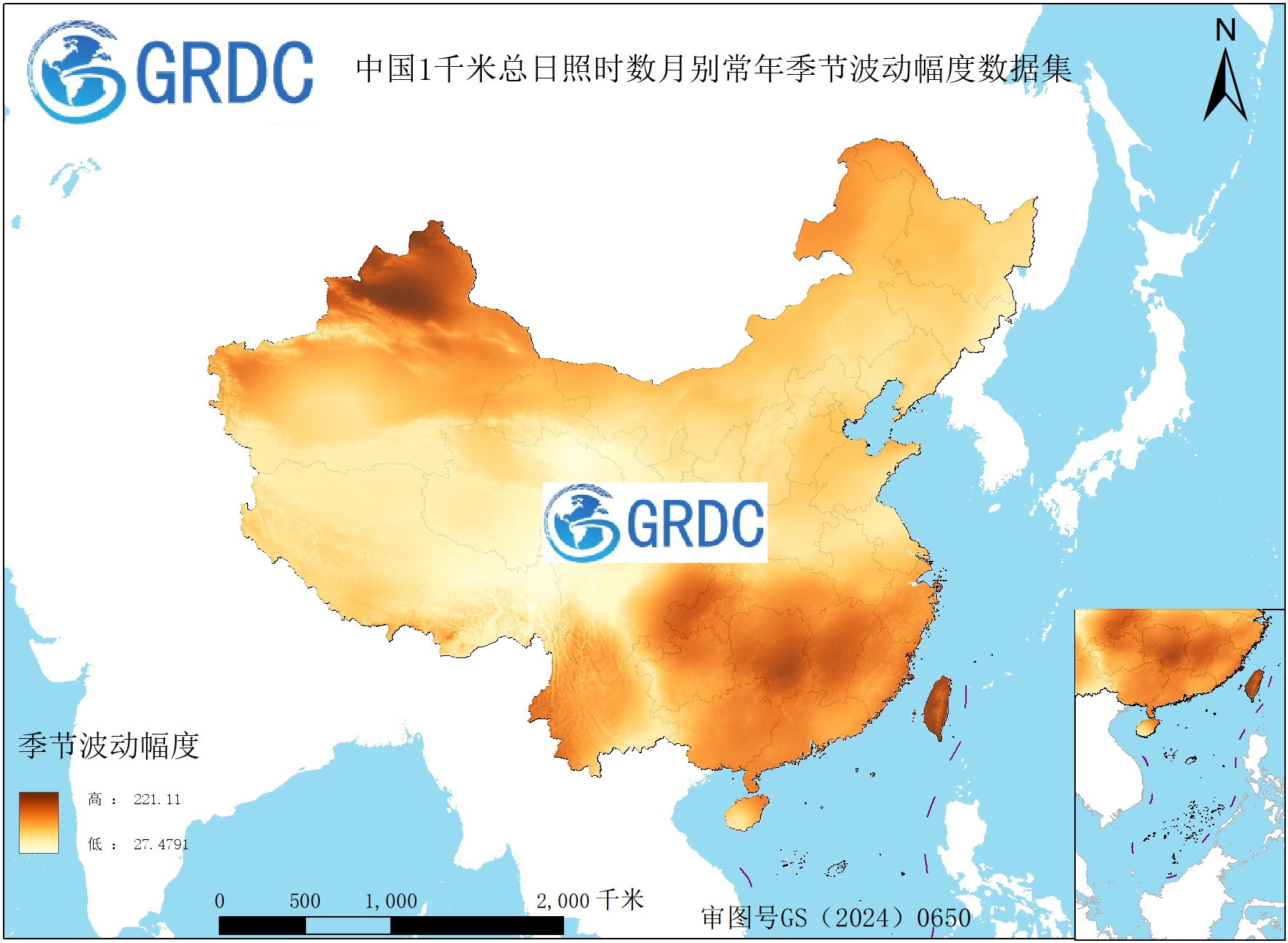 1951-2025年中国1km总日照时数月别常年季节波动幅度数据集