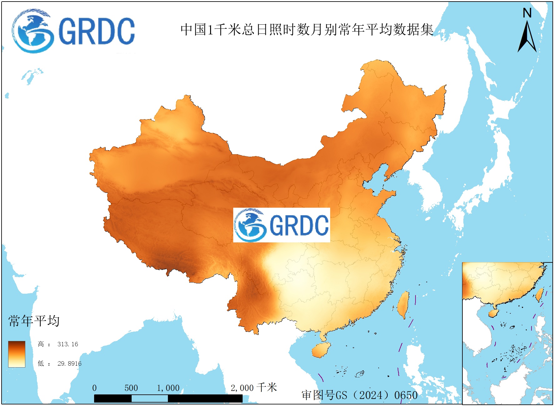 1951-2025年中国1km总日照时数月别常年平均数据集