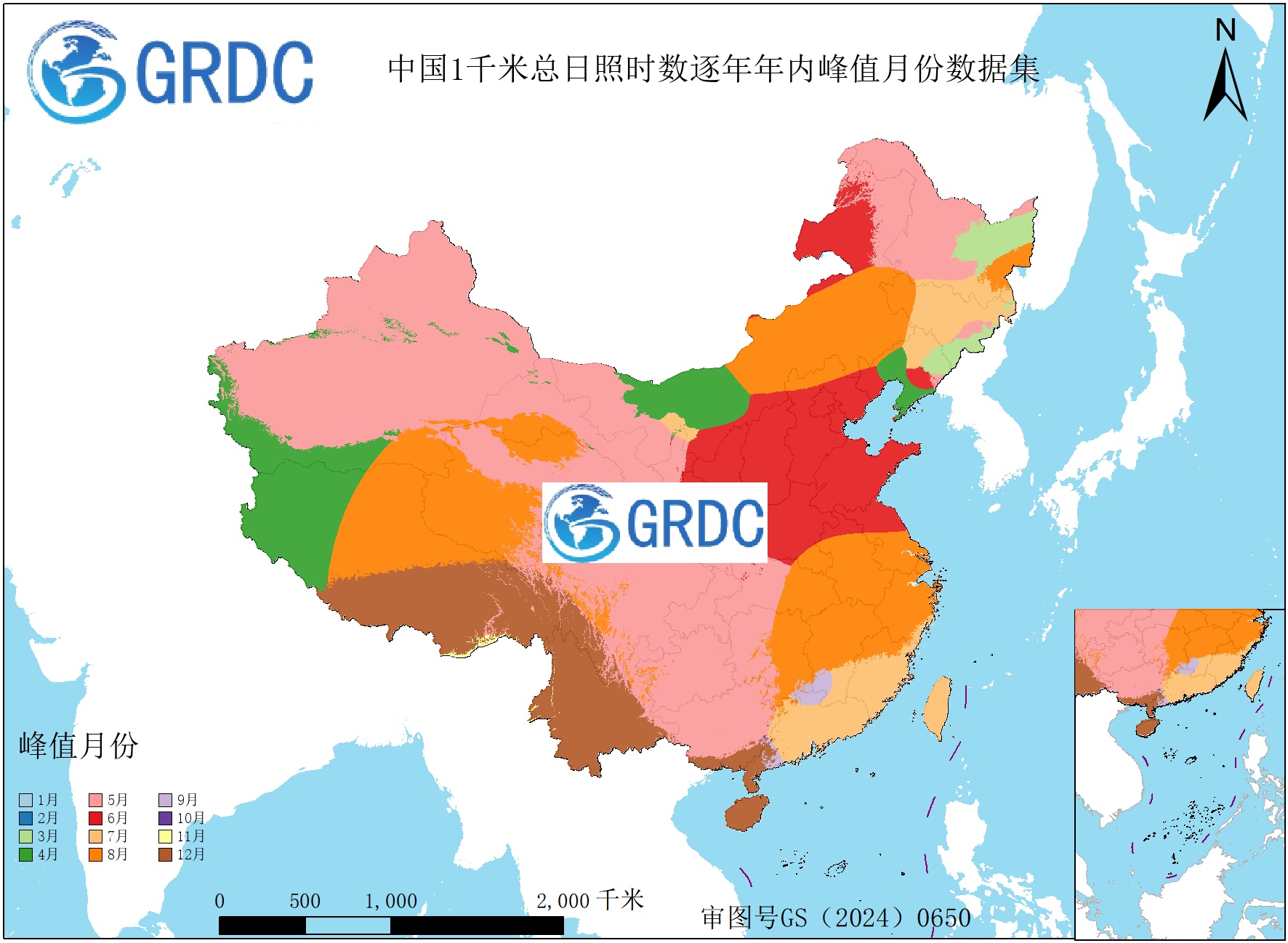 1951-2025年中国1km总日照时数逐年年内峰值月份数据集