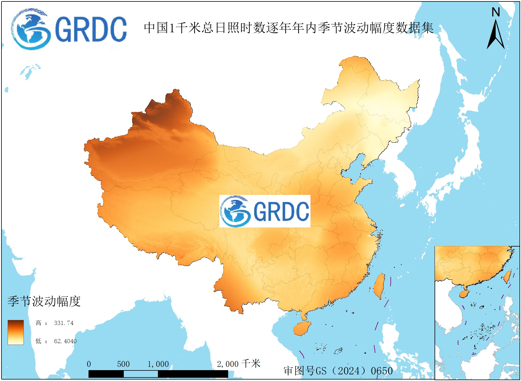 1951-2025年中国1km总日照时数逐年年内季节波动幅度数据集