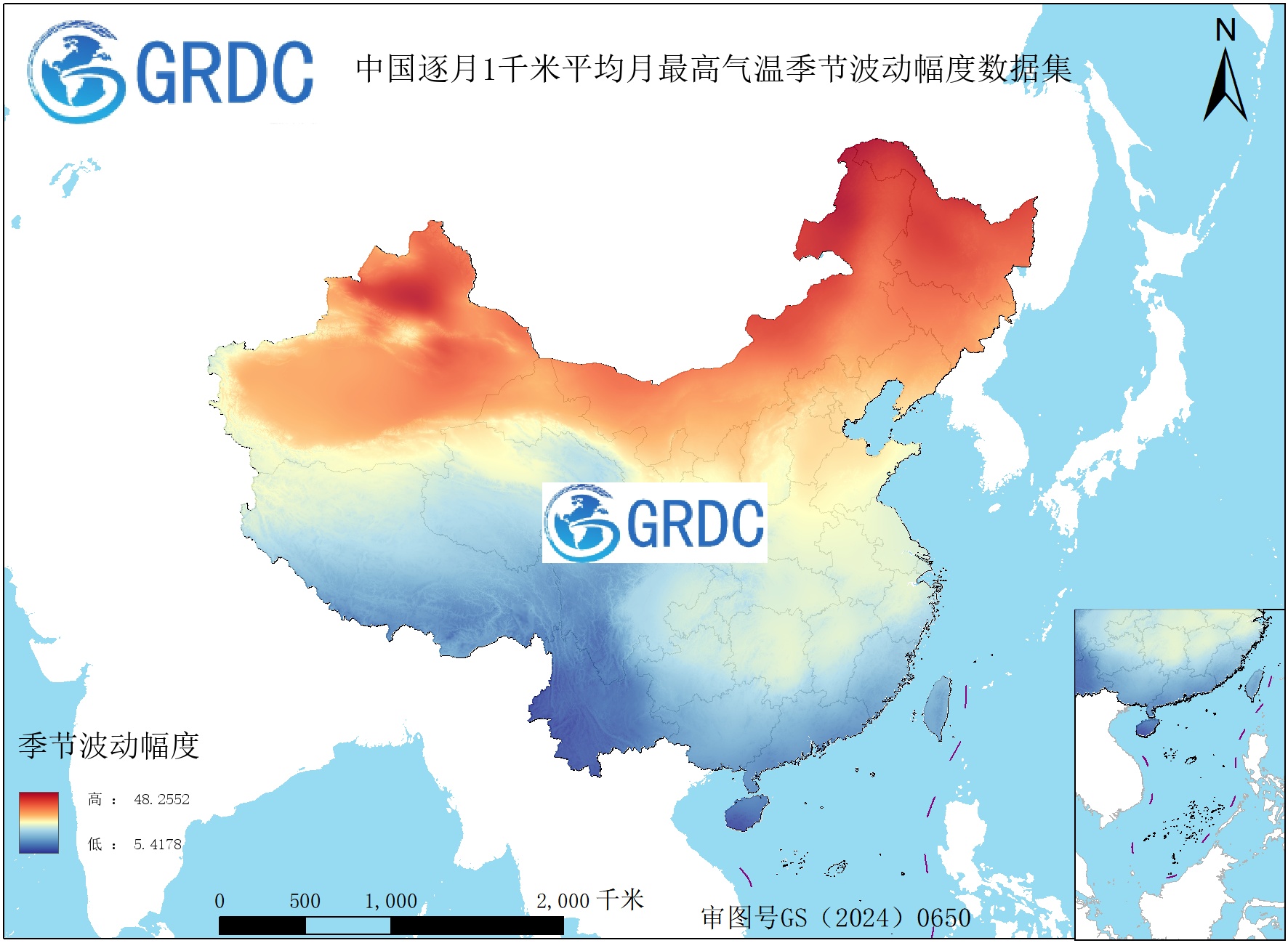 1951-2025年中国1km平均月最高气温月别常年季节波动幅度数据集