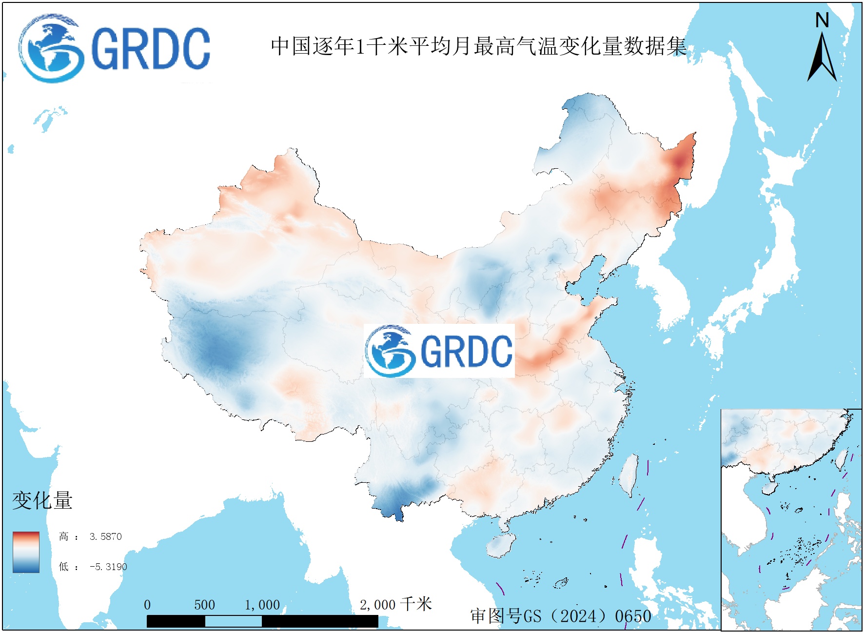 1951-2025年中国1km平均月最高气温逐年变化量数据集