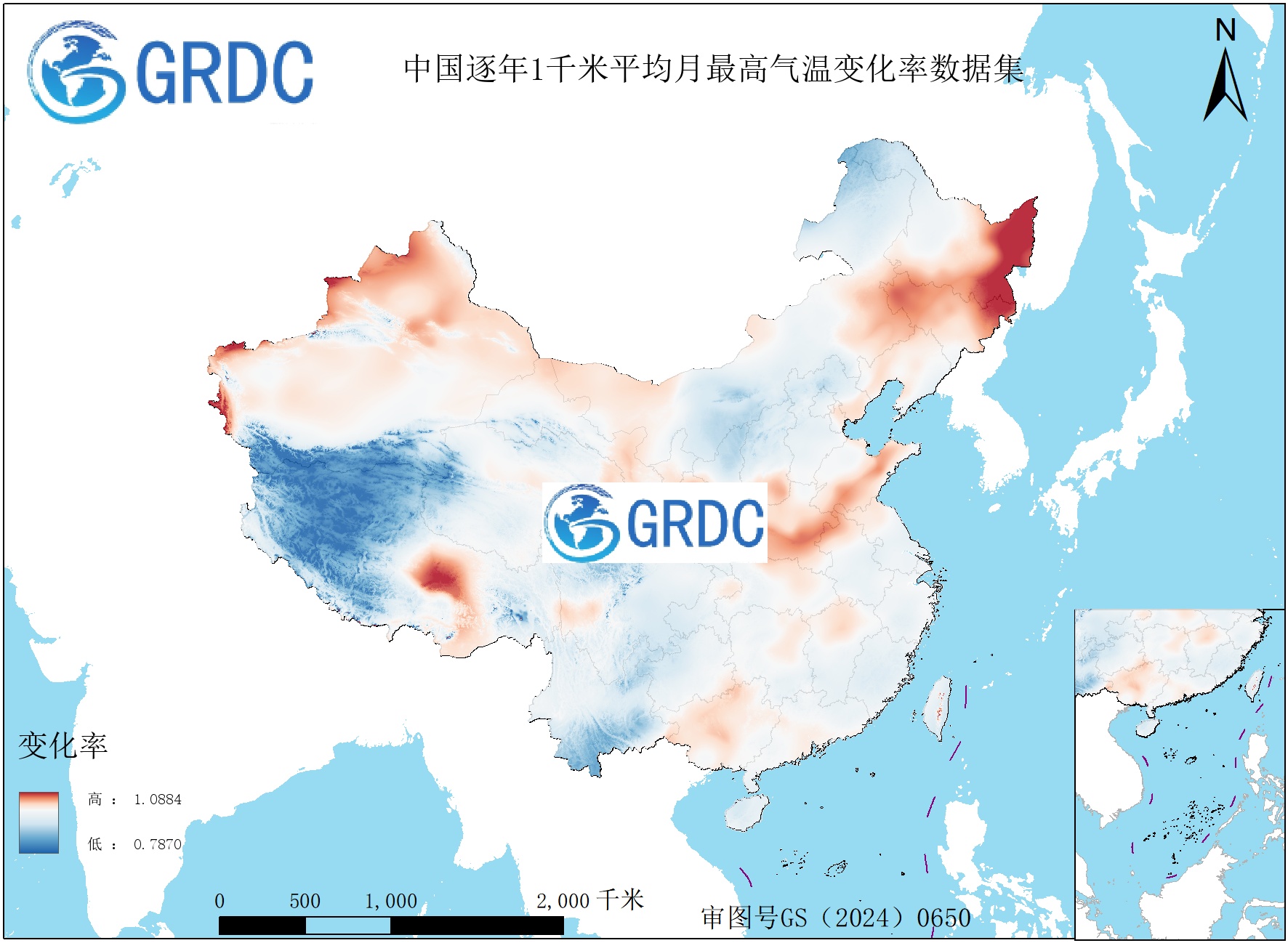 1951-2025年中国1km平均月最高气温逐年变化率数据集