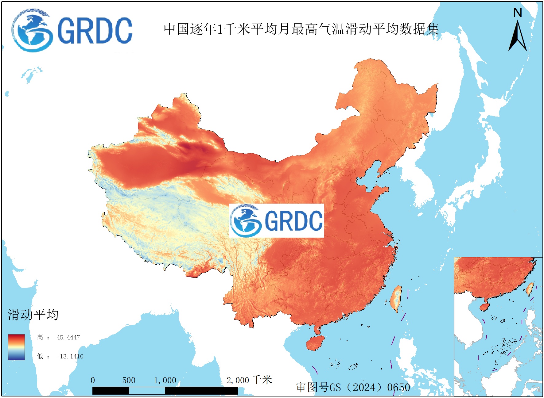 1951-2025年中国1km平均月最高气温逐年滑动平均数据集