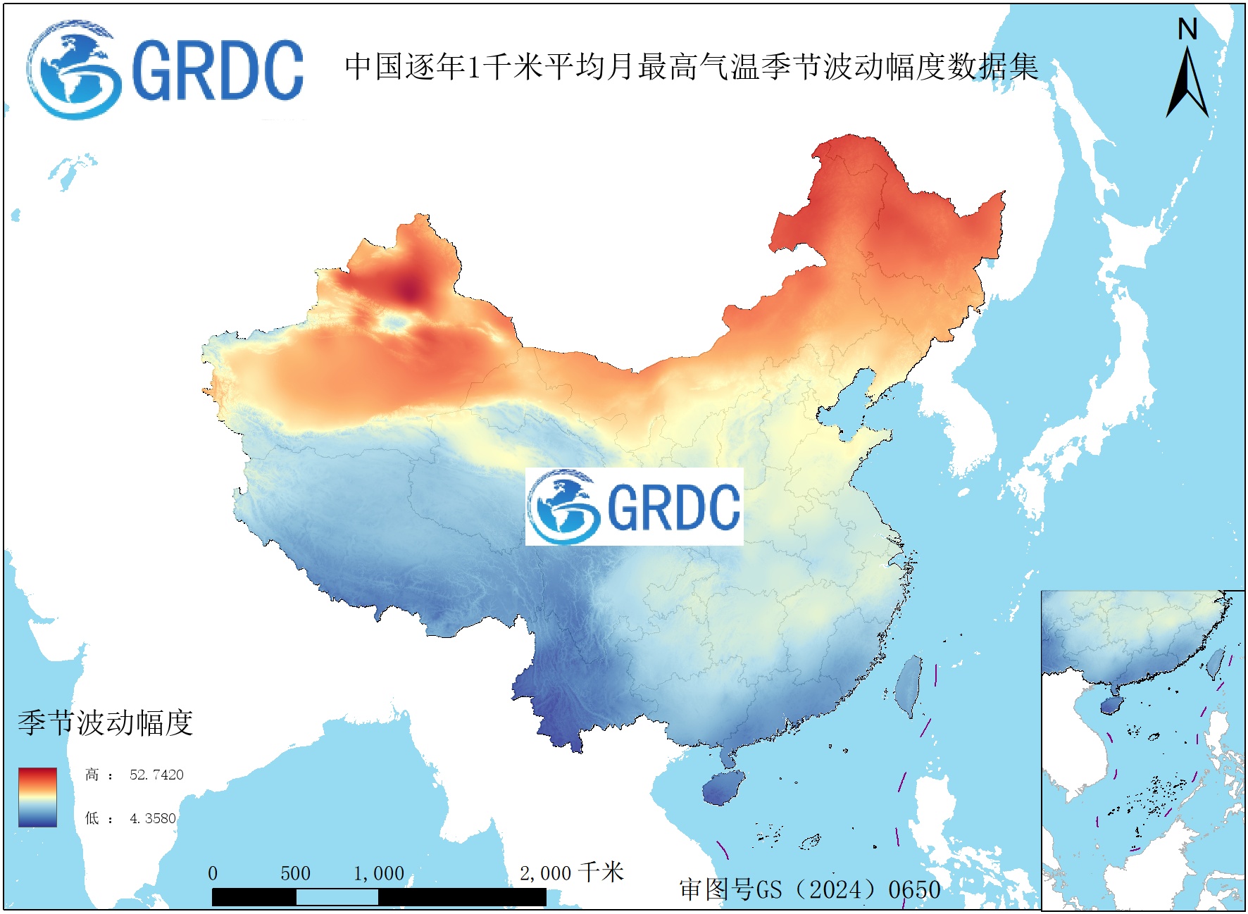 1951-2025年中国1km平均月最高气温逐年年内季节波动幅度数据集