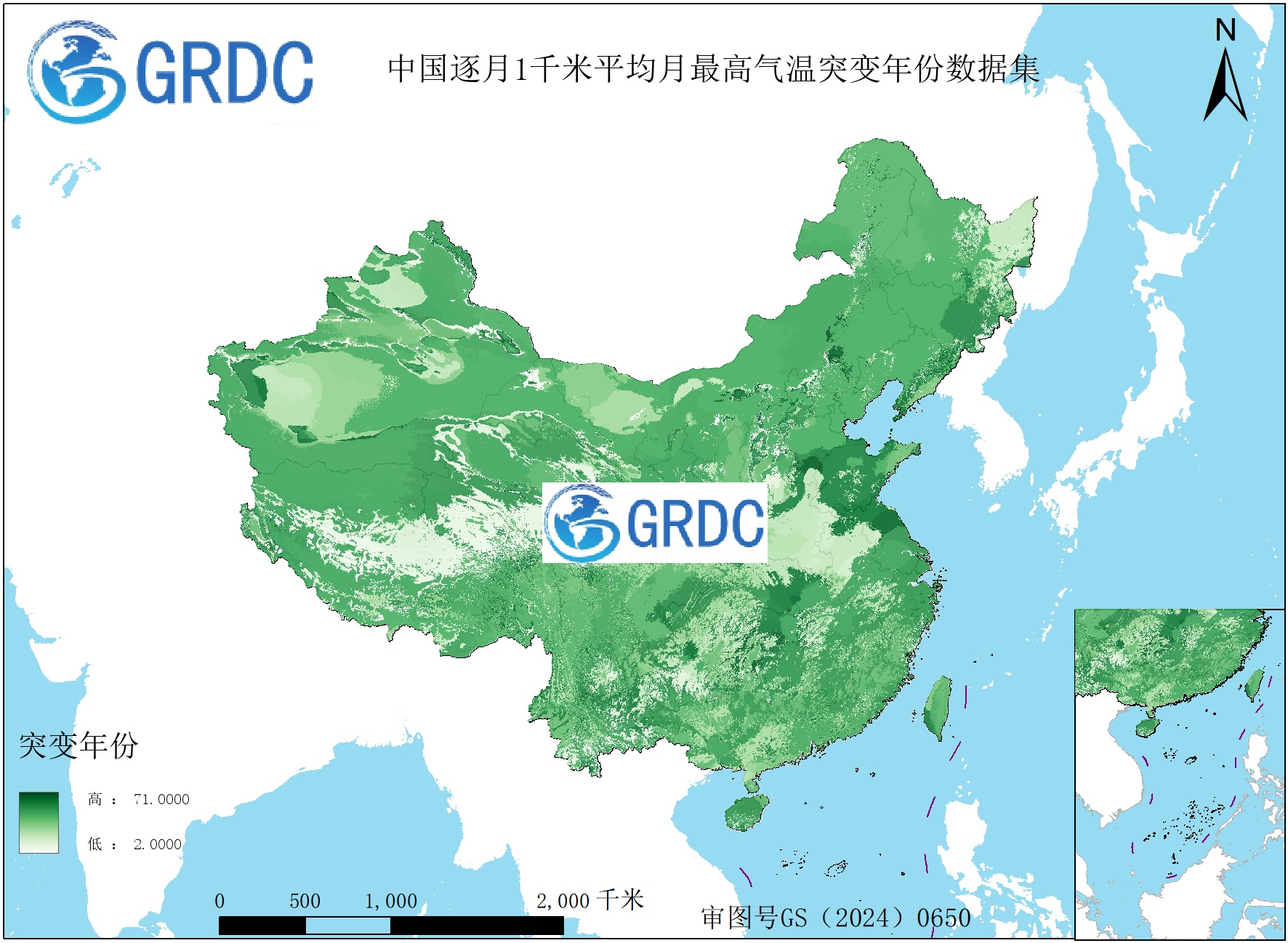 1951-2025年中国1km平均月最高气温逐年突变年份数据集