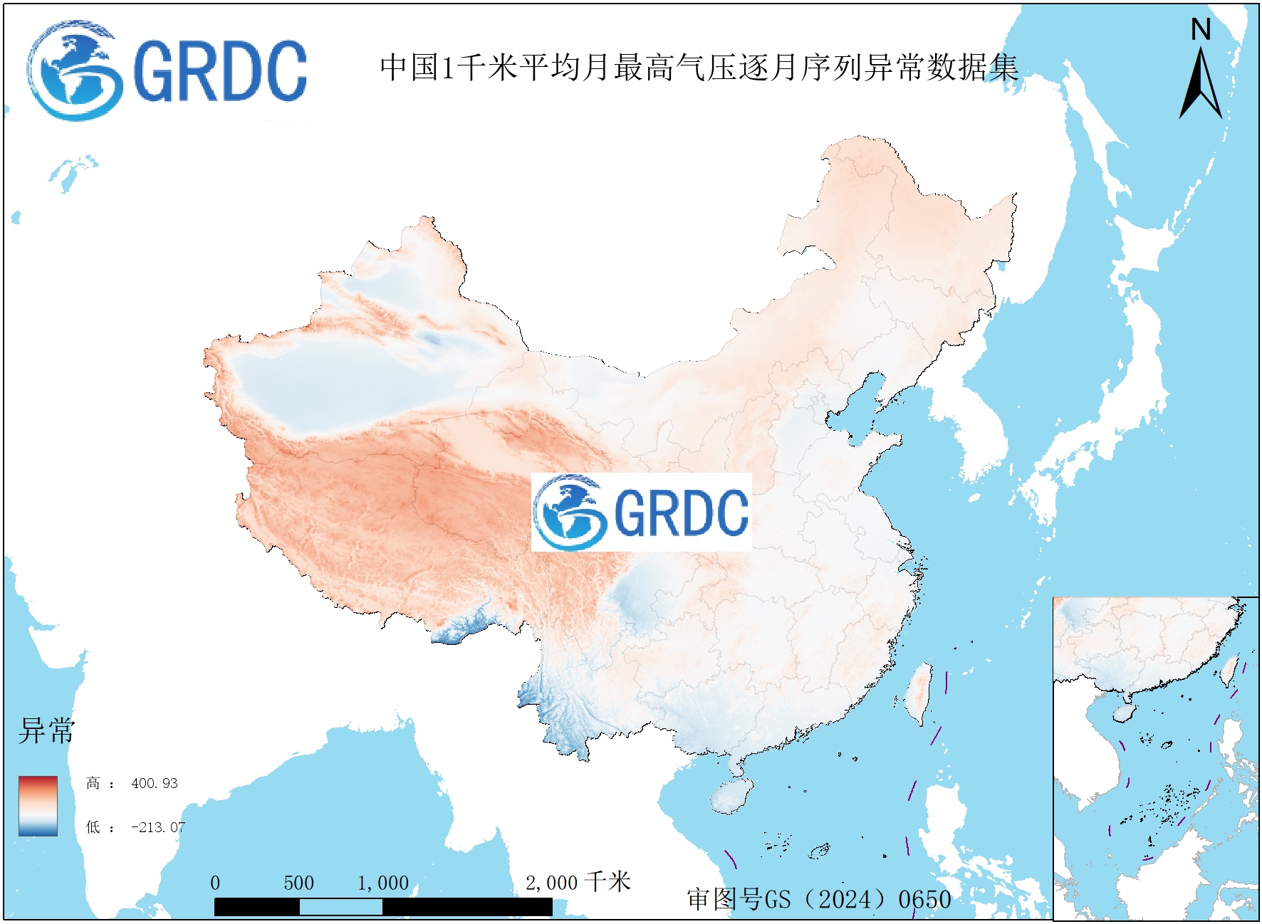 1951-2025年中国1km平均月最高气压逐月序列异常数据集