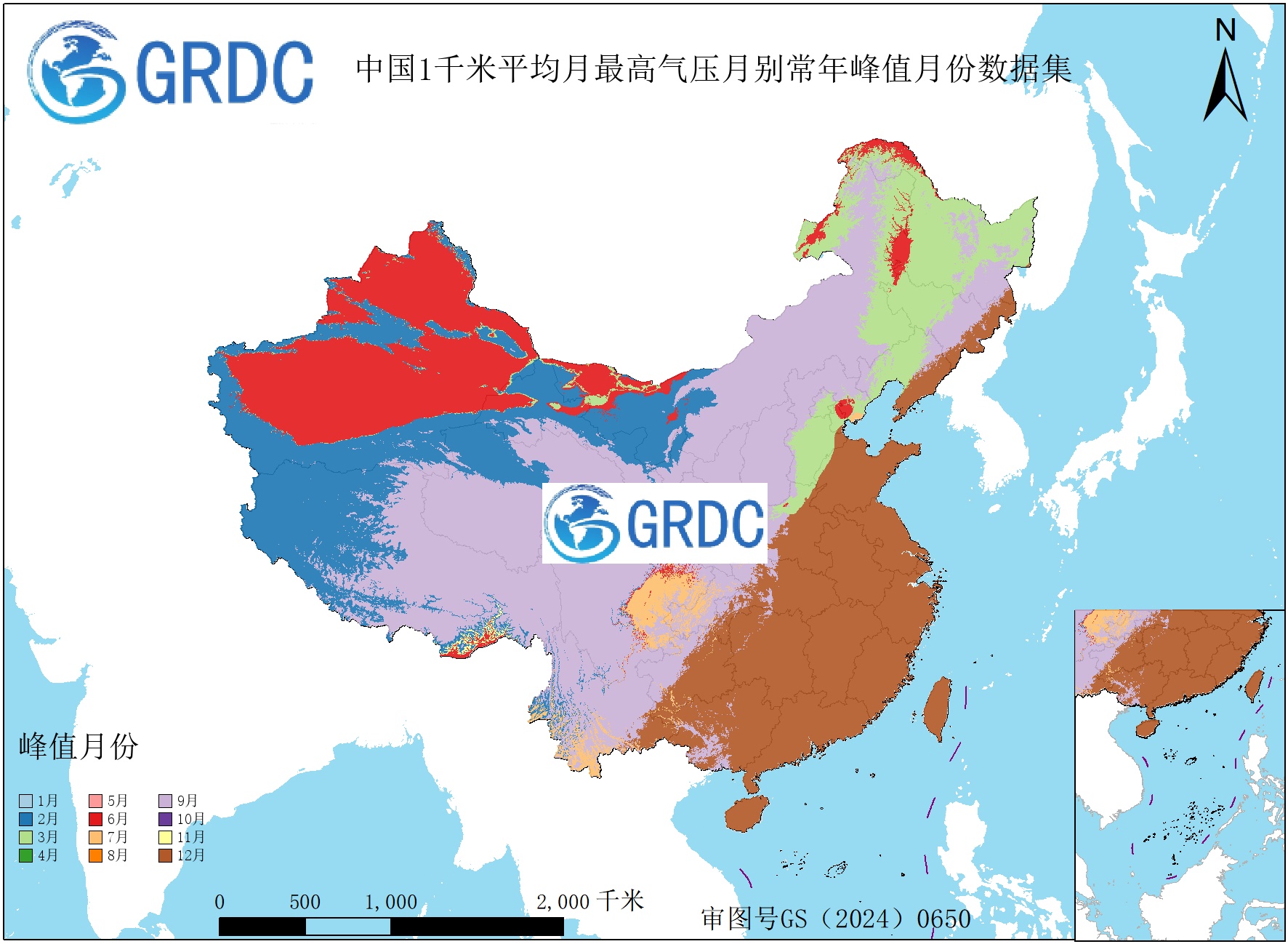 1951-2025年中国1km平均月最高气压月别常年峰值月份数据集