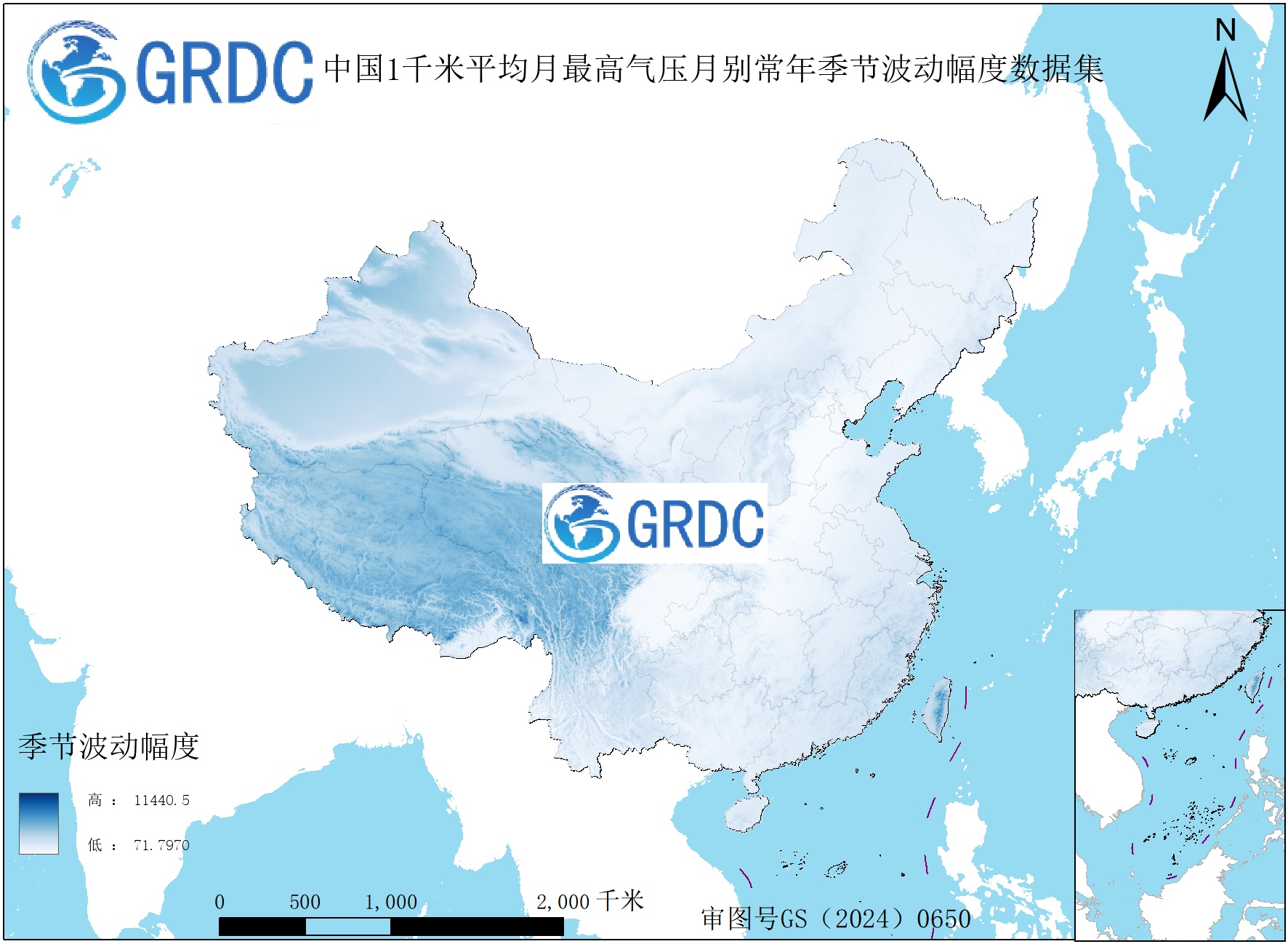 1951-2025年中国1km平均月最高气压月别常年季节波动幅度数据集