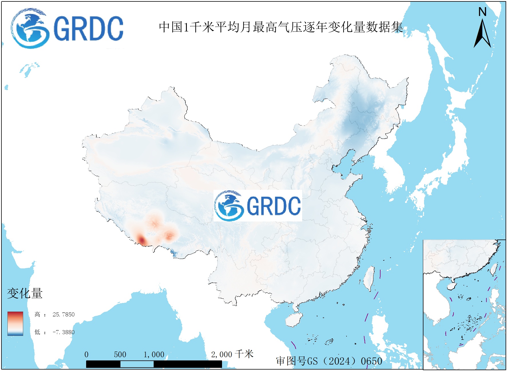 1951-2025年中国1km平均月最高气压逐年变化量数据集