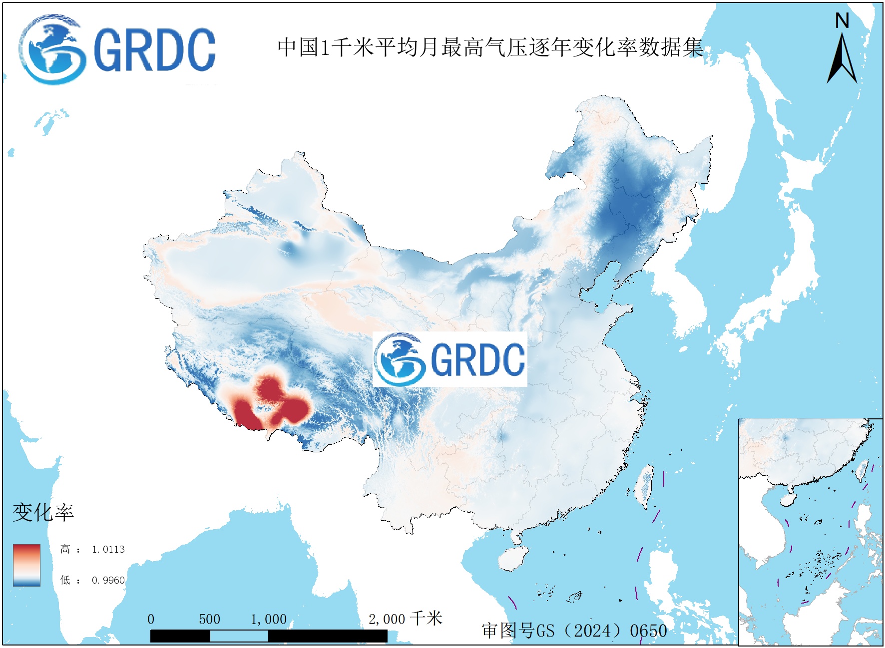1951-2025年中国1km平均月最高气压逐年变化率数据集